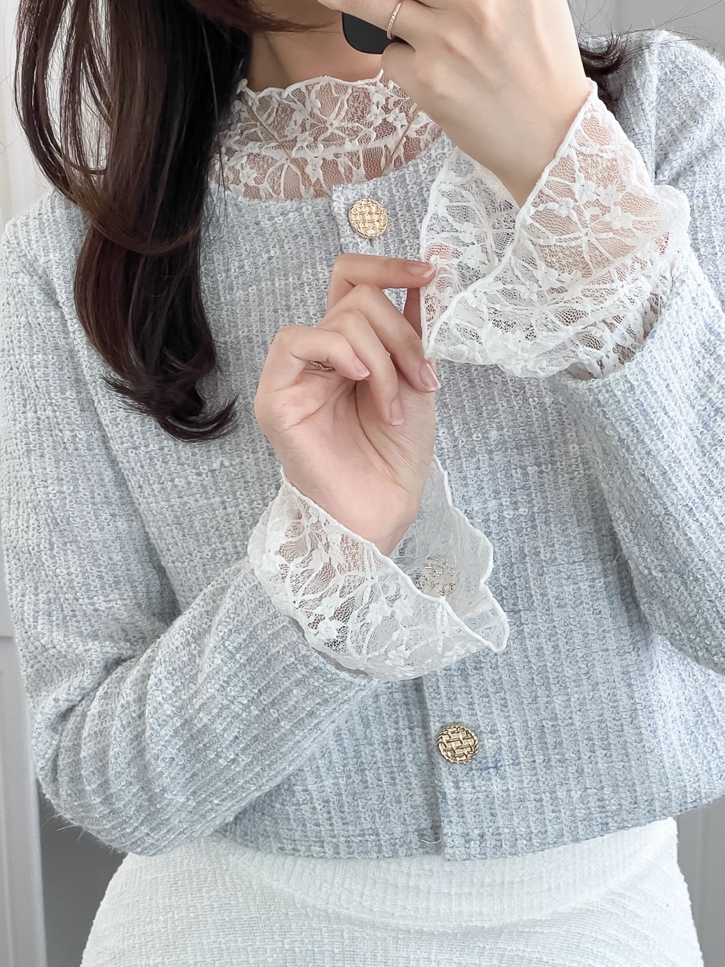 レースシースルーハーフネックベーシック長袖フリル ネック花柄Tシャツ | 詳細画像14