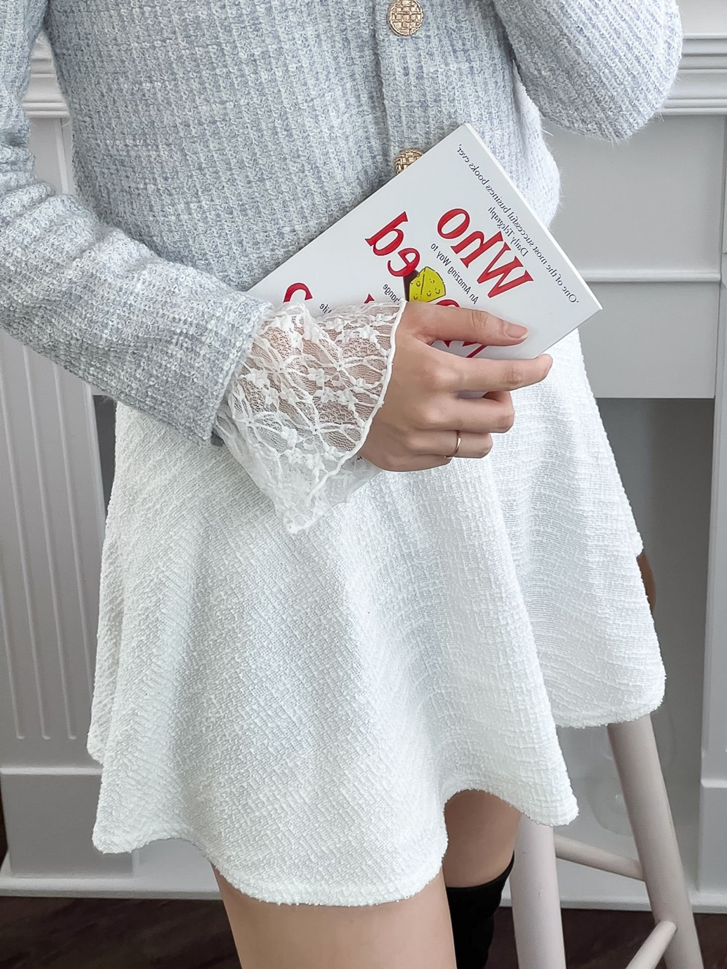 レースシースルーハーフネックベーシック長袖フリル ネック花柄Tシャツ | 詳細画像15