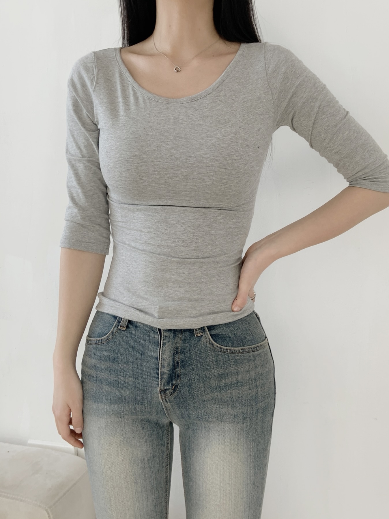 Uネックスリム7分袖無地Tシャツ | 詳細画像6