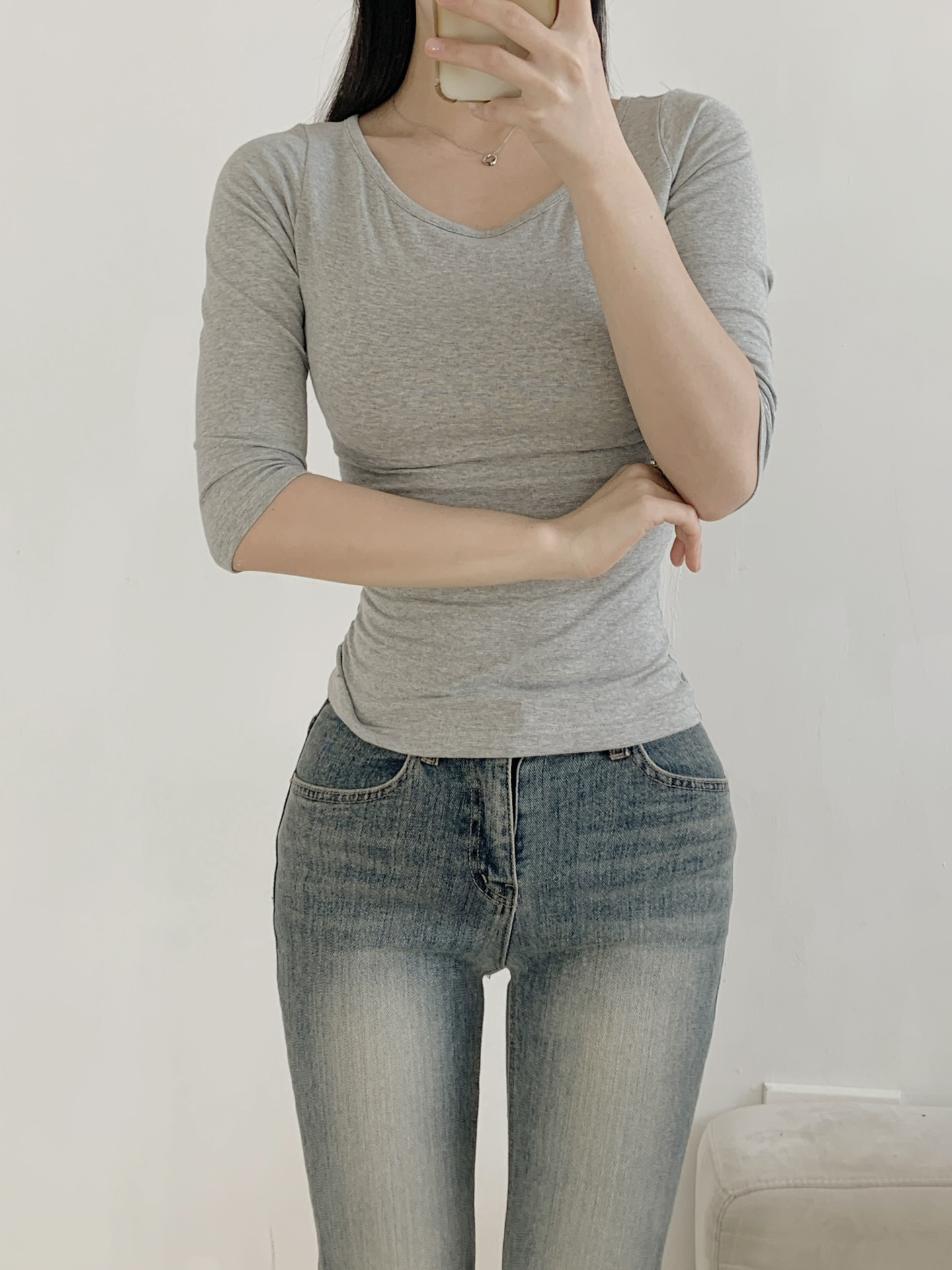 Uネックスリム7分袖無地Tシャツ | 詳細画像5