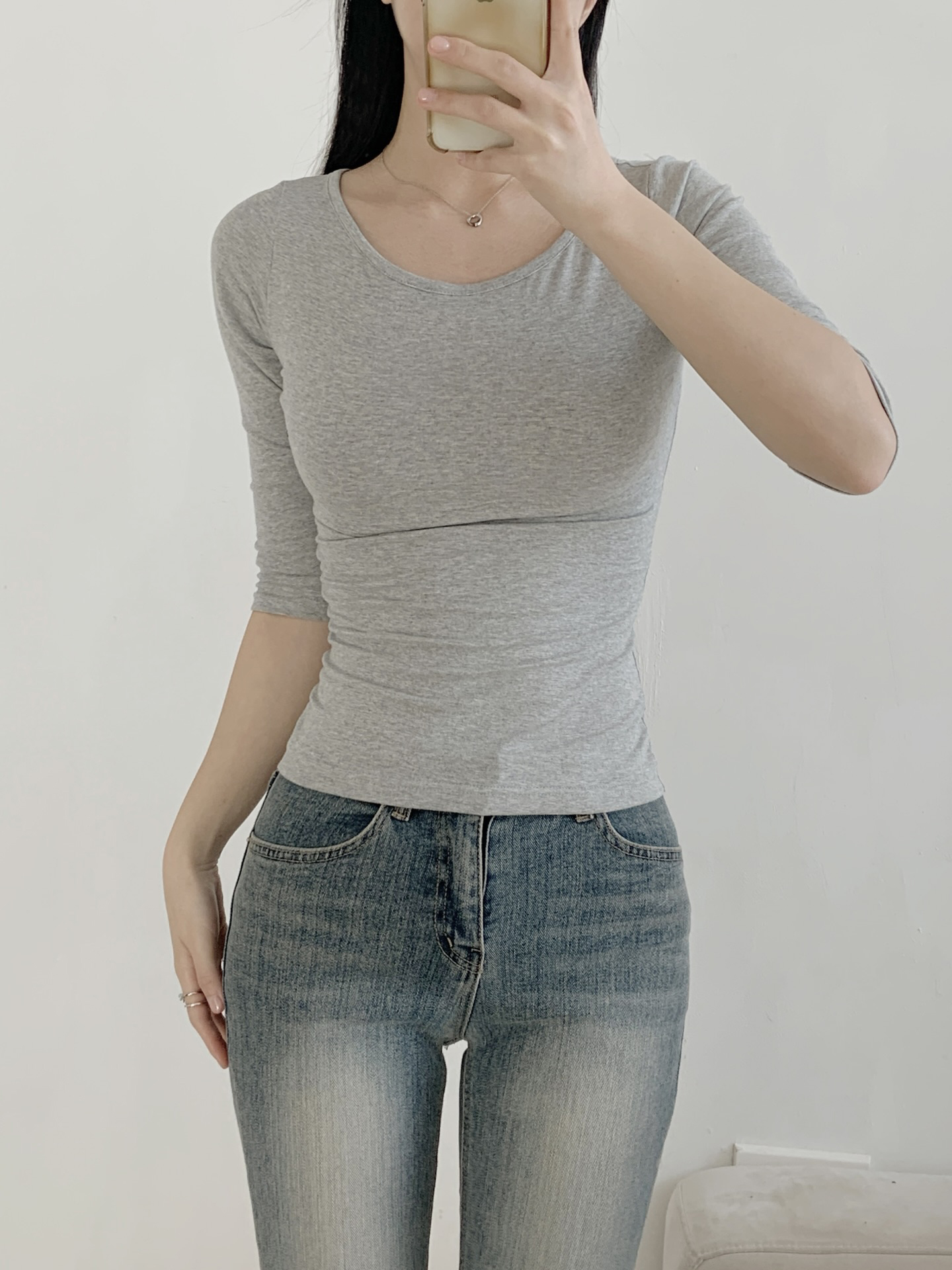 Uネックスリム7分袖無地Tシャツ | 詳細画像2