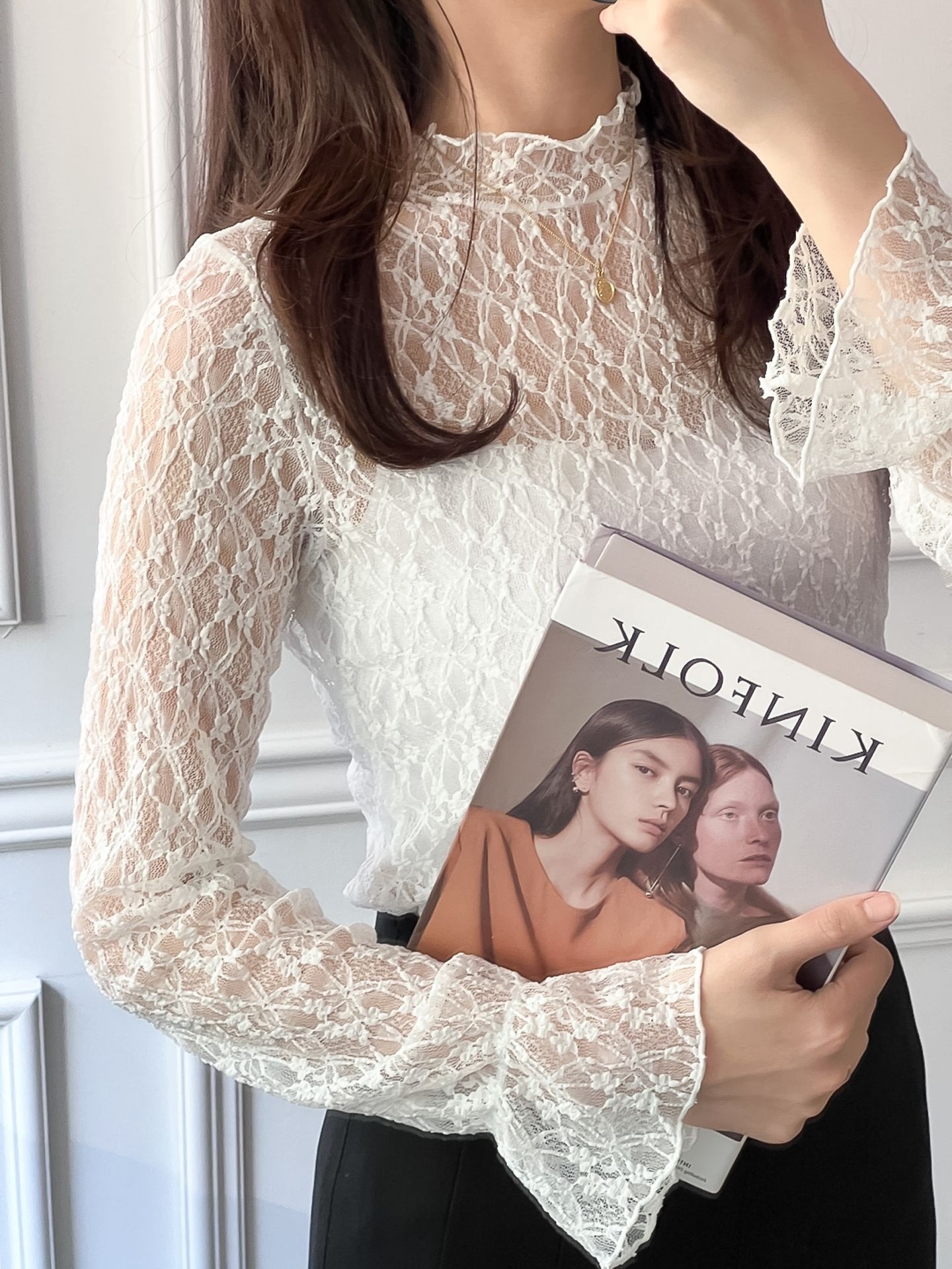 レースシースルーハーフネックベルスリーブ長袖フリル ネックTシャツ | 詳細画像2