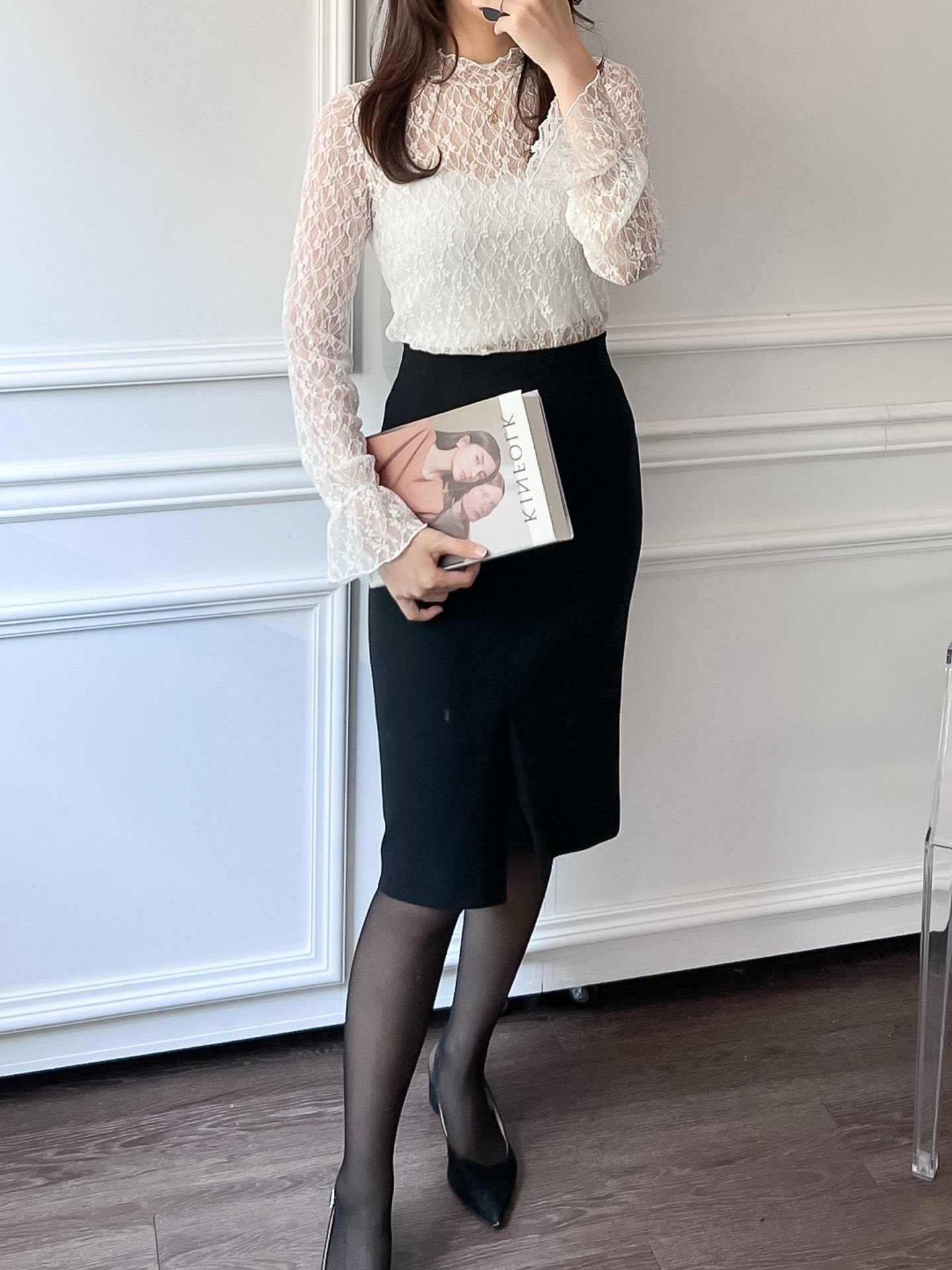 レースシースルーハーフネックベルスリーブ長袖フリル ネックTシャツ | 詳細画像3