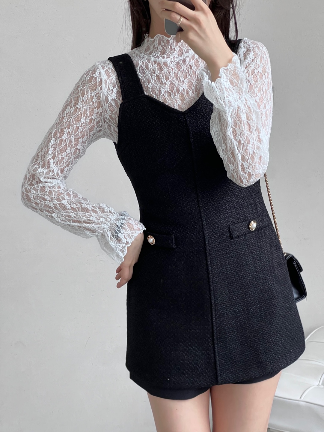 レースシースルーハーフネックベルスリーブ長袖フリル ネックTシャツ | 詳細画像5