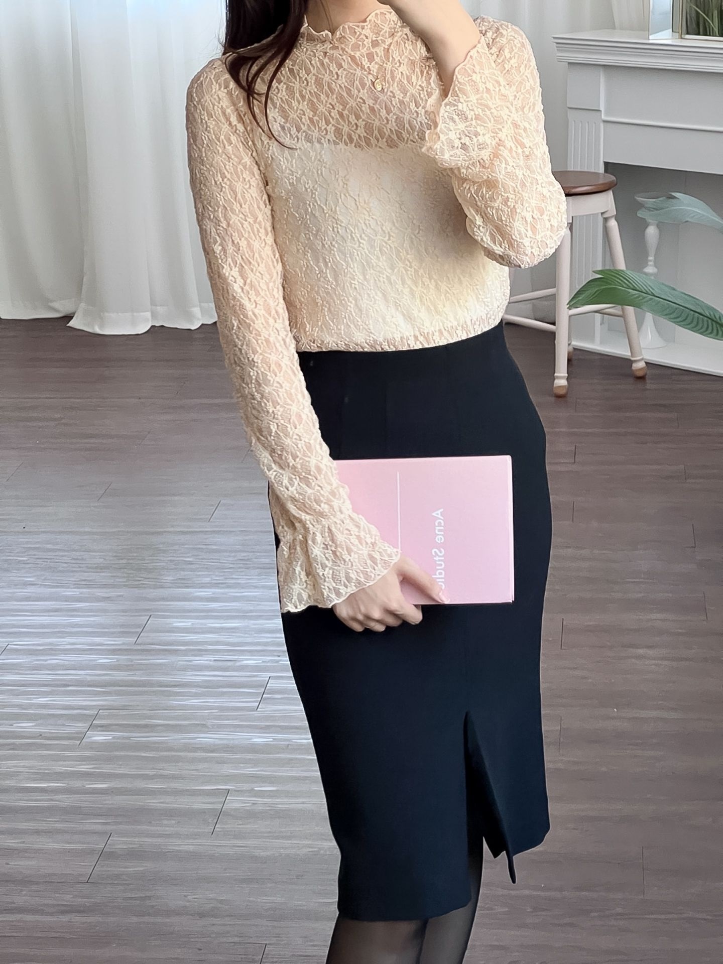 レースシースルーハーフネックベルスリーブ長袖フリル ネックTシャツ | 詳細画像7