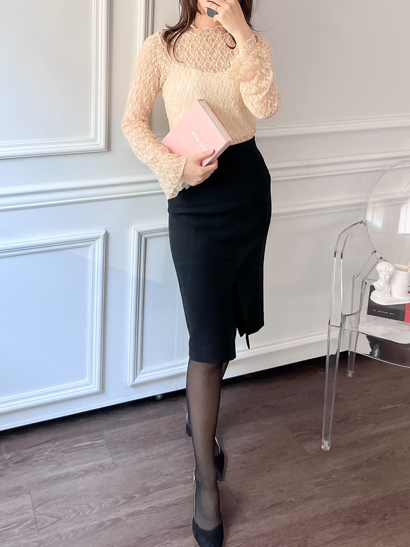 レースシースルーハーフネックベルスリーブ長袖フリル ネックTシャツ | 詳細画像8