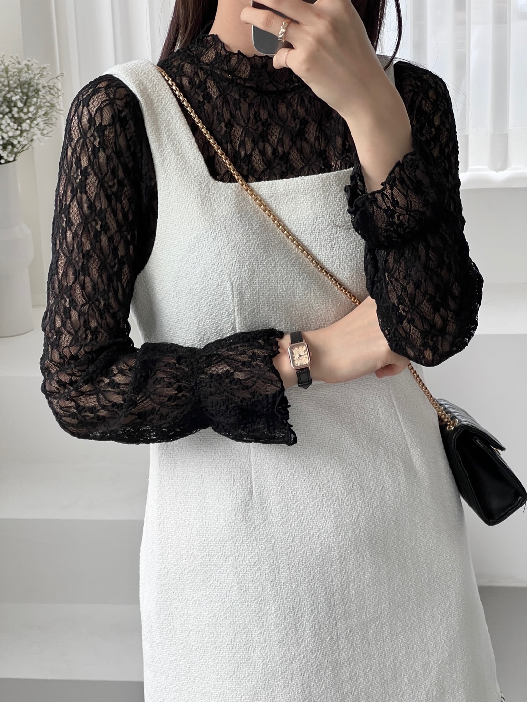 レースシースルーハーフネックベルスリーブ長袖フリル ネックTシャツ | 詳細画像10