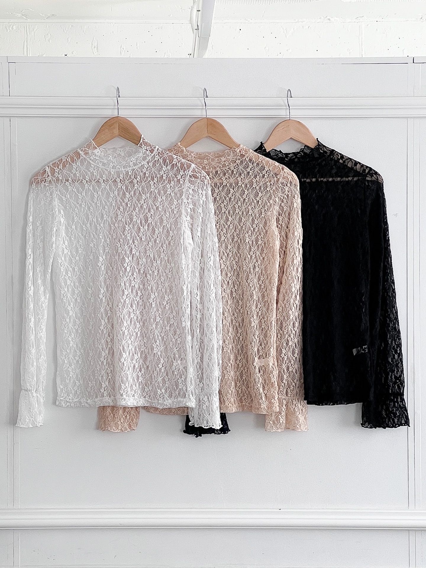 レースシースルーハーフネックベルスリーブ長袖フリル ネックTシャツ | 詳細画像14