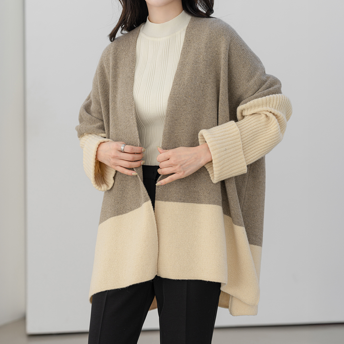 ウール混オーバーサイズロールアップショールカラー配色カラー