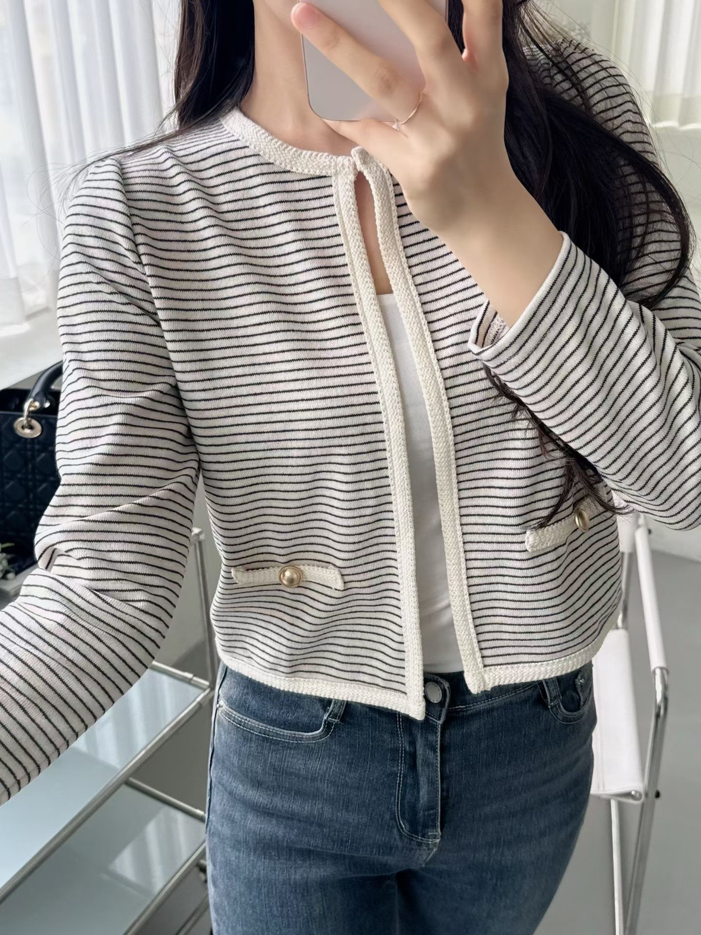 ラウンドネックパフスリーブクロップド長袖ホックフェイクポケットボーダー配色カーディガン | 詳細画像5