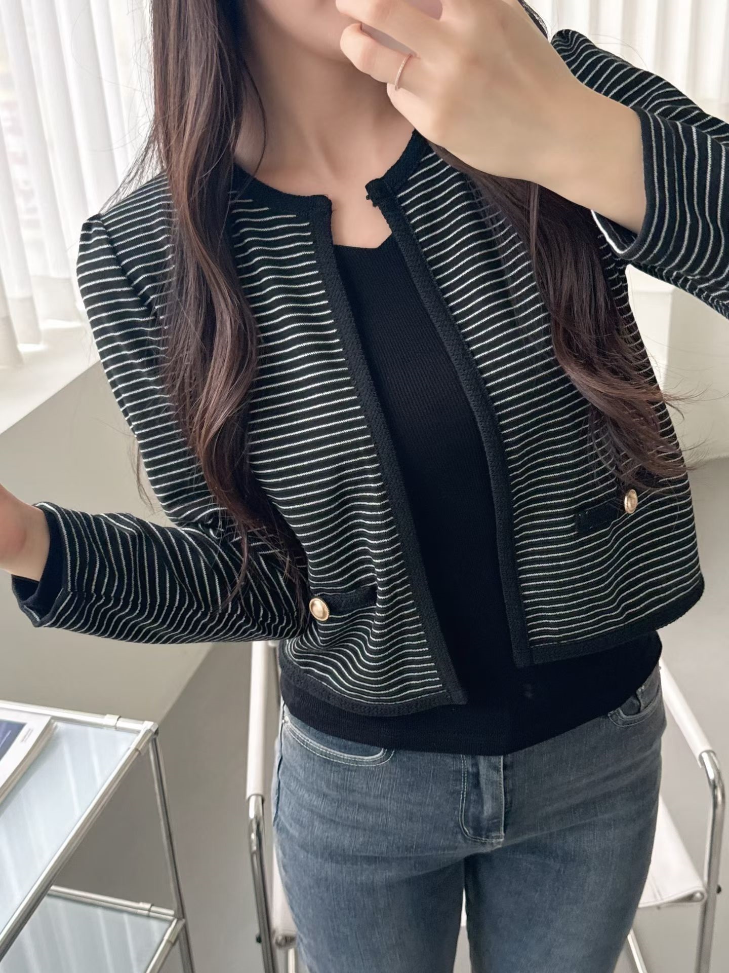 ラウンドネックパフスリーブクロップド長袖ホックフェイクポケットボーダー配色カーディガン | 詳細画像6