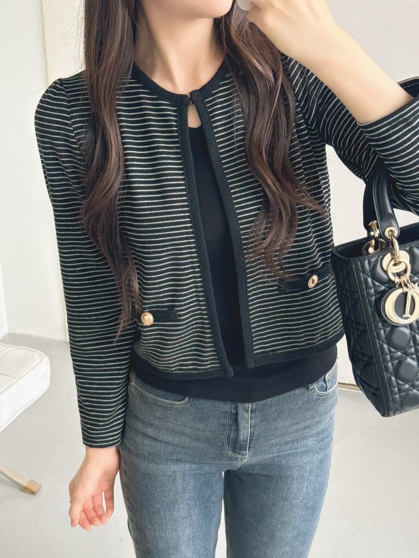 ラウンドネックパフスリーブクロップド長袖ホックフェイクポケットボーダー配色カーディガン | 詳細画像7