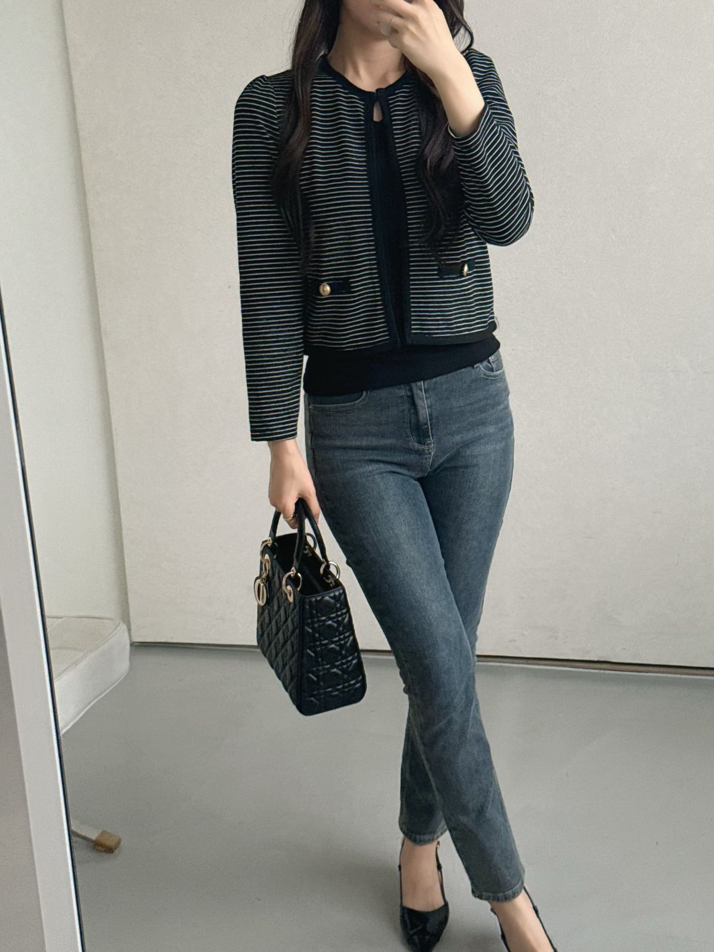 ラウンドネックパフスリーブクロップド長袖ホックフェイクポケットボーダー配色カーディガン | 詳細画像8