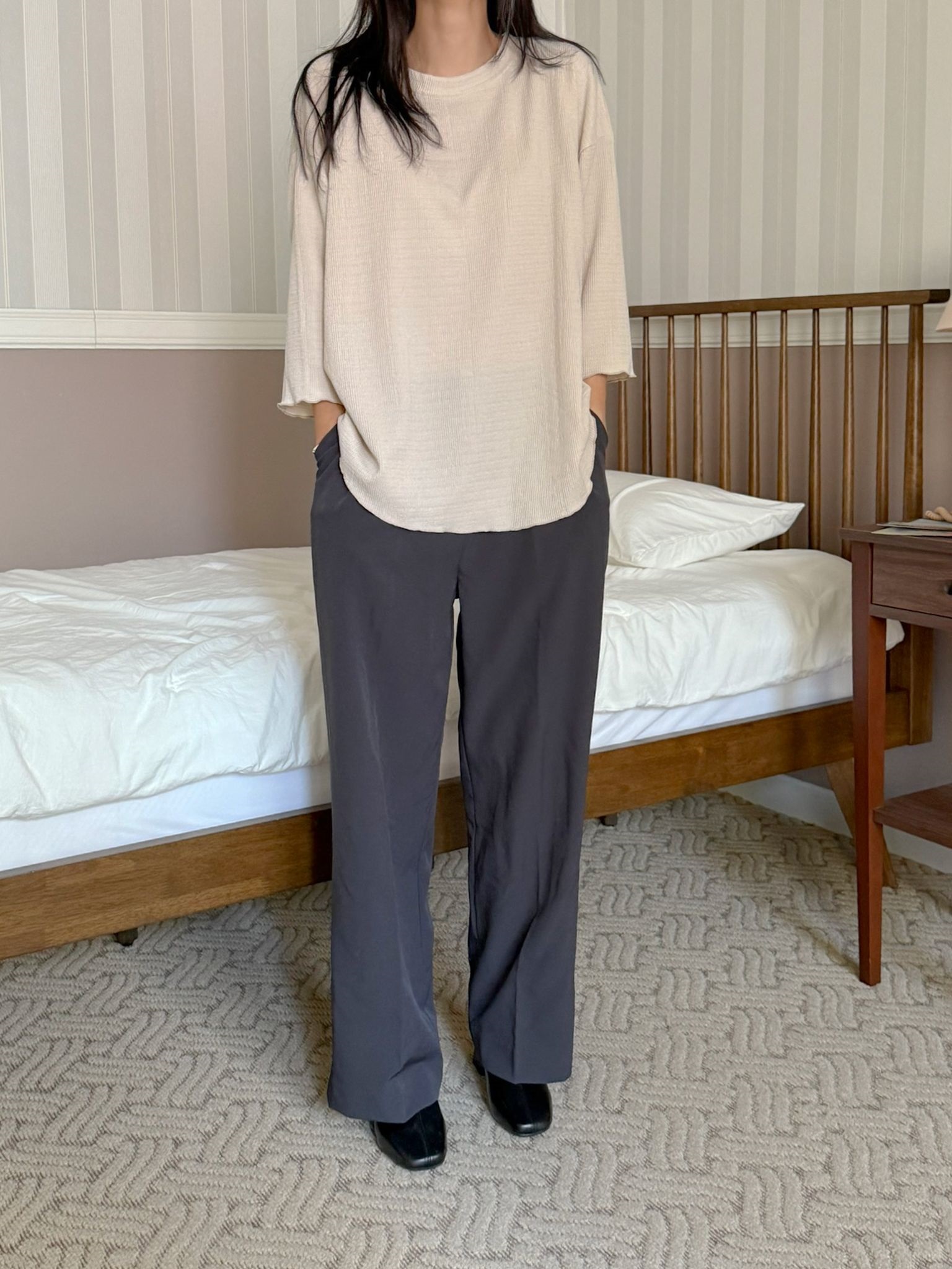 ラウンドネックメロウオーバーサイズ7分袖ハーフ配色Tシャツ | 詳細画像3