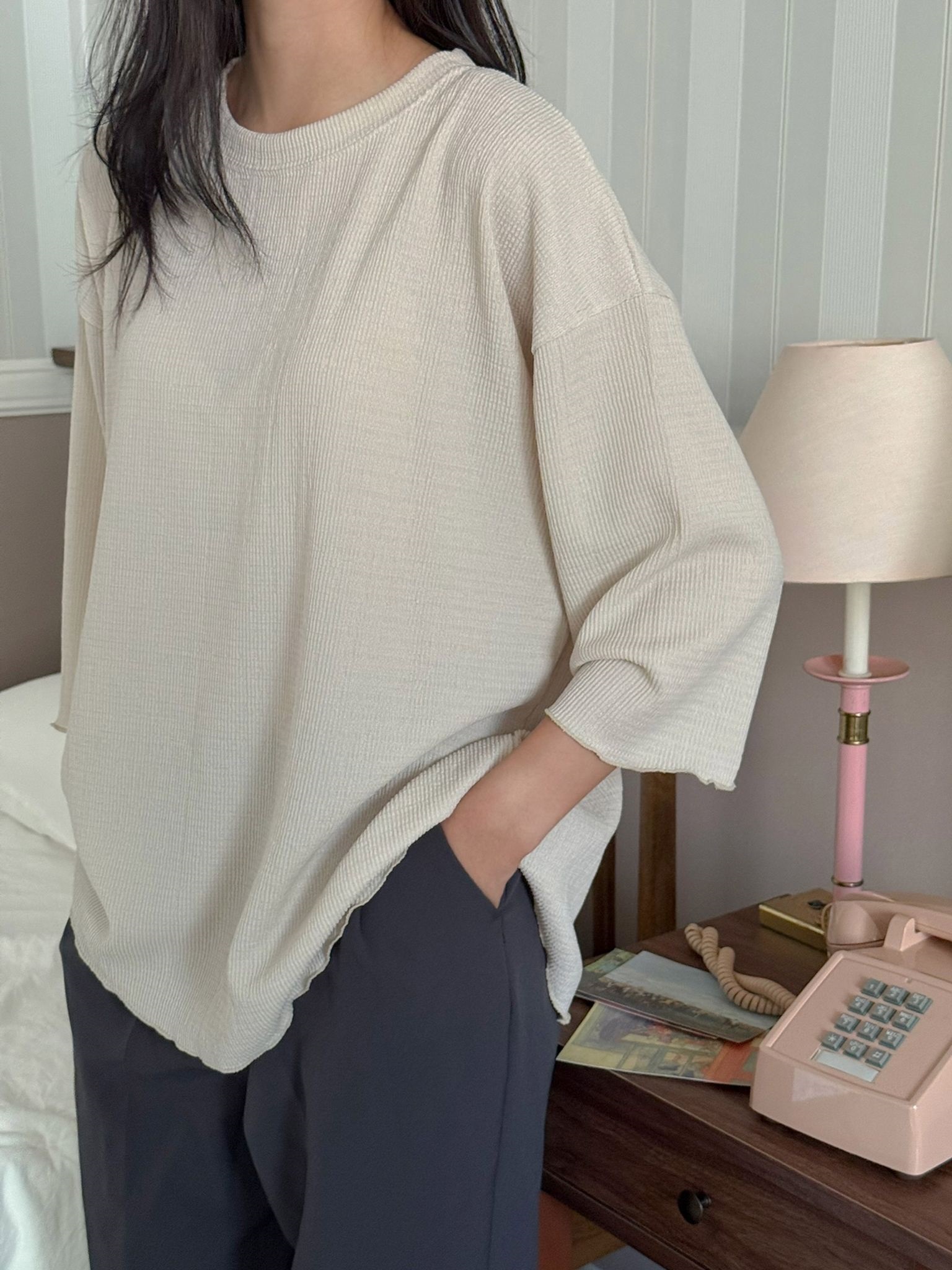 ラウンドネックメロウオーバーサイズ7分袖ハーフ配色Tシャツ | 詳細画像5