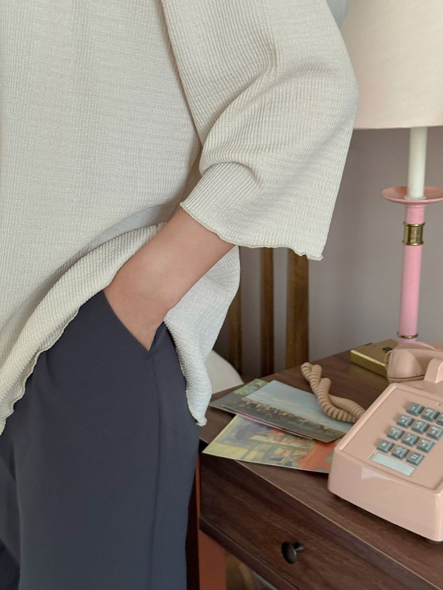 ラウンドネックメロウオーバーサイズ7分袖ハーフ配色Tシャツ | 詳細画像7