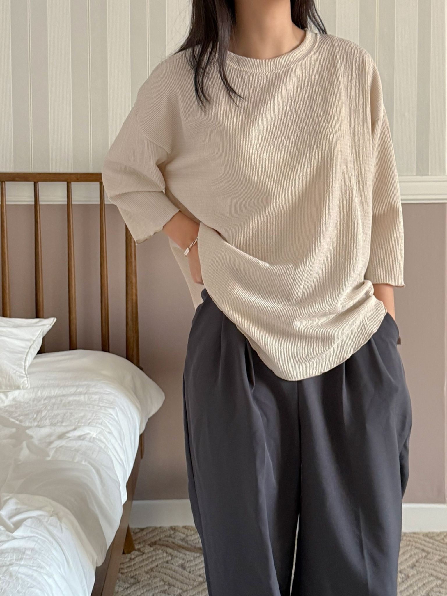 ラウンドネックメロウオーバーサイズ7分袖ハーフ配色Tシャツ | 詳細画像8