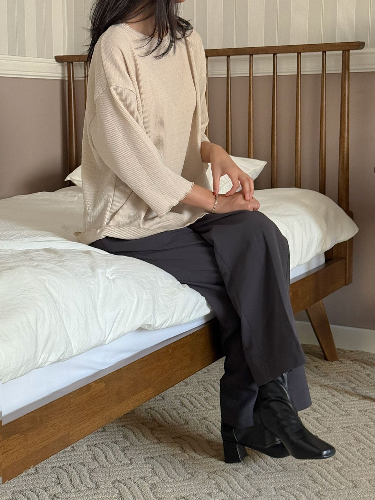 ラウンドネックメロウオーバーサイズ7分袖ハーフ配色Tシャツ | 詳細画像10