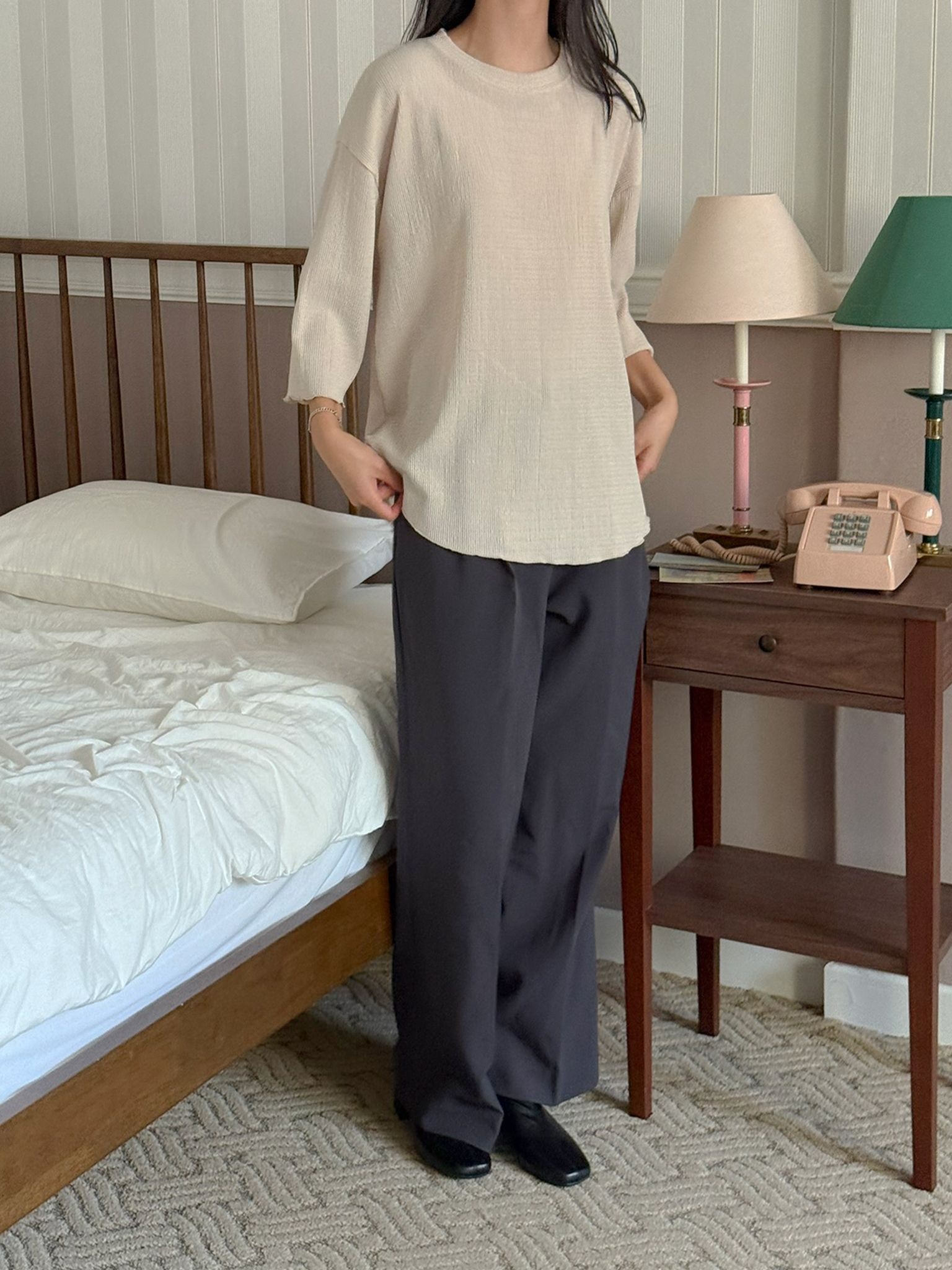 ラウンドネックメロウオーバーサイズ7分袖ハーフ配色Tシャツ | 詳細画像12