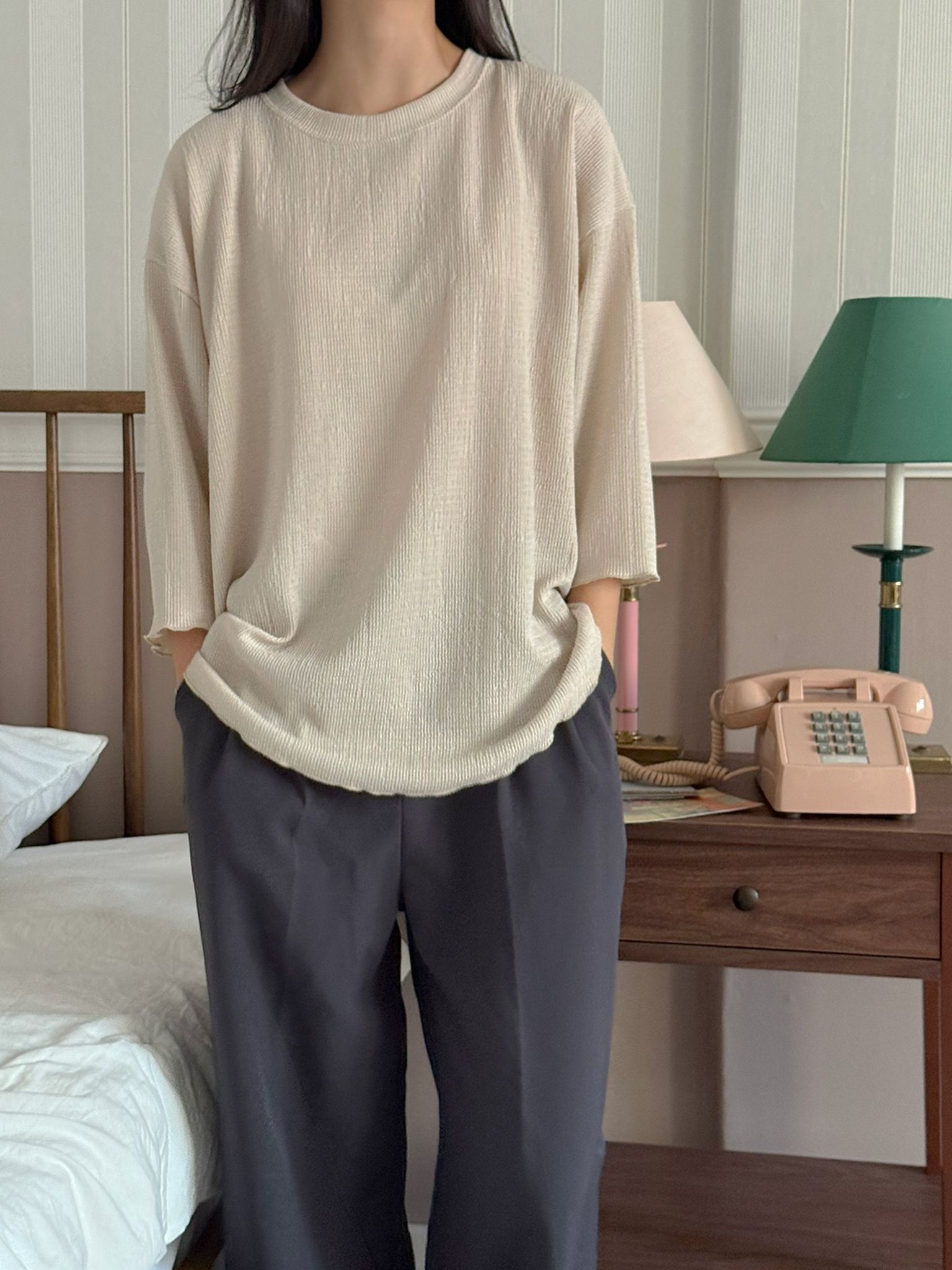 ラウンドネックメロウオーバーサイズ7分袖ハーフ配色Tシャツ | 詳細画像13