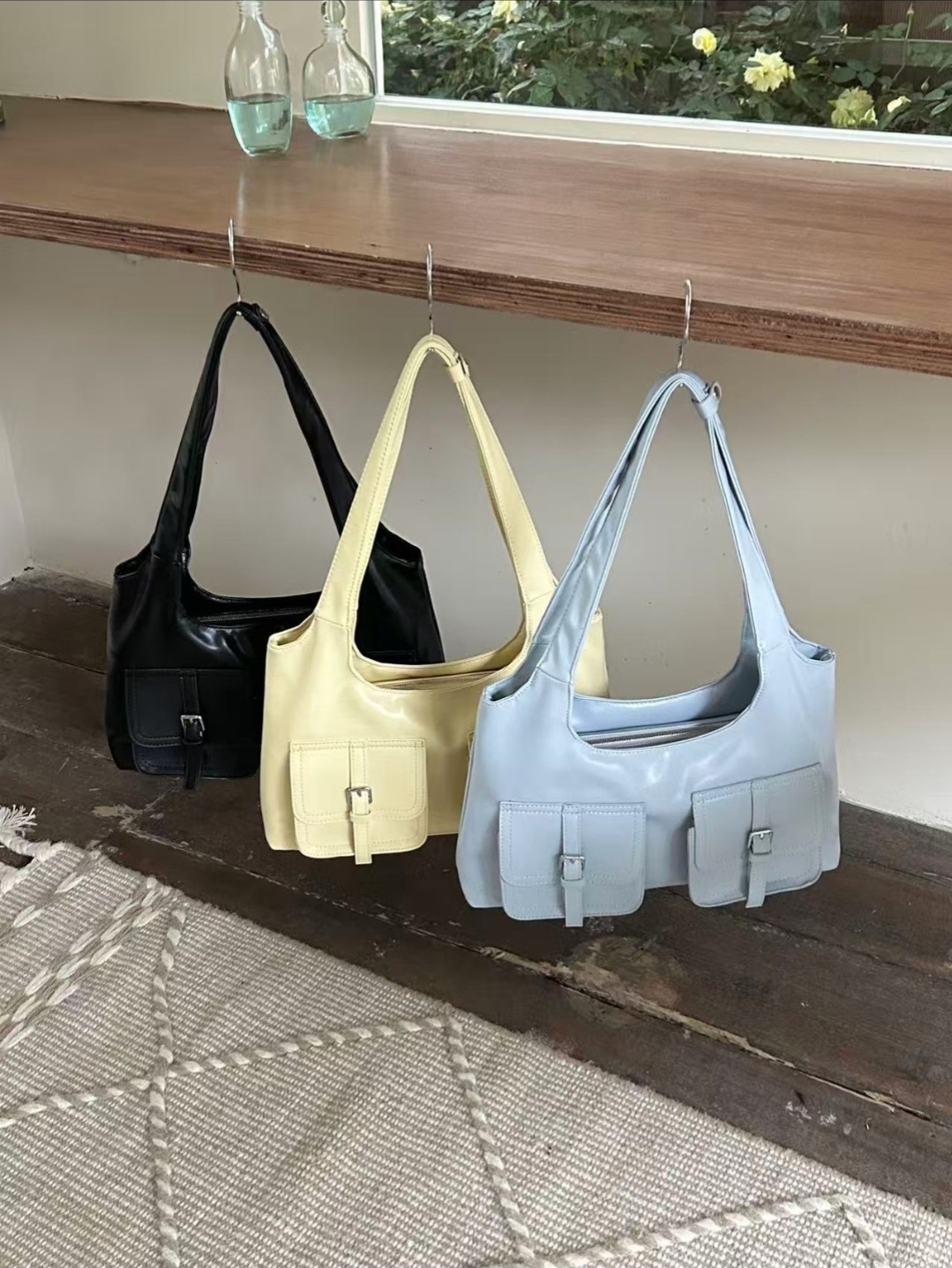 レザー調ジップアップポケットグロス無地トートバッグ | 詳細画像9