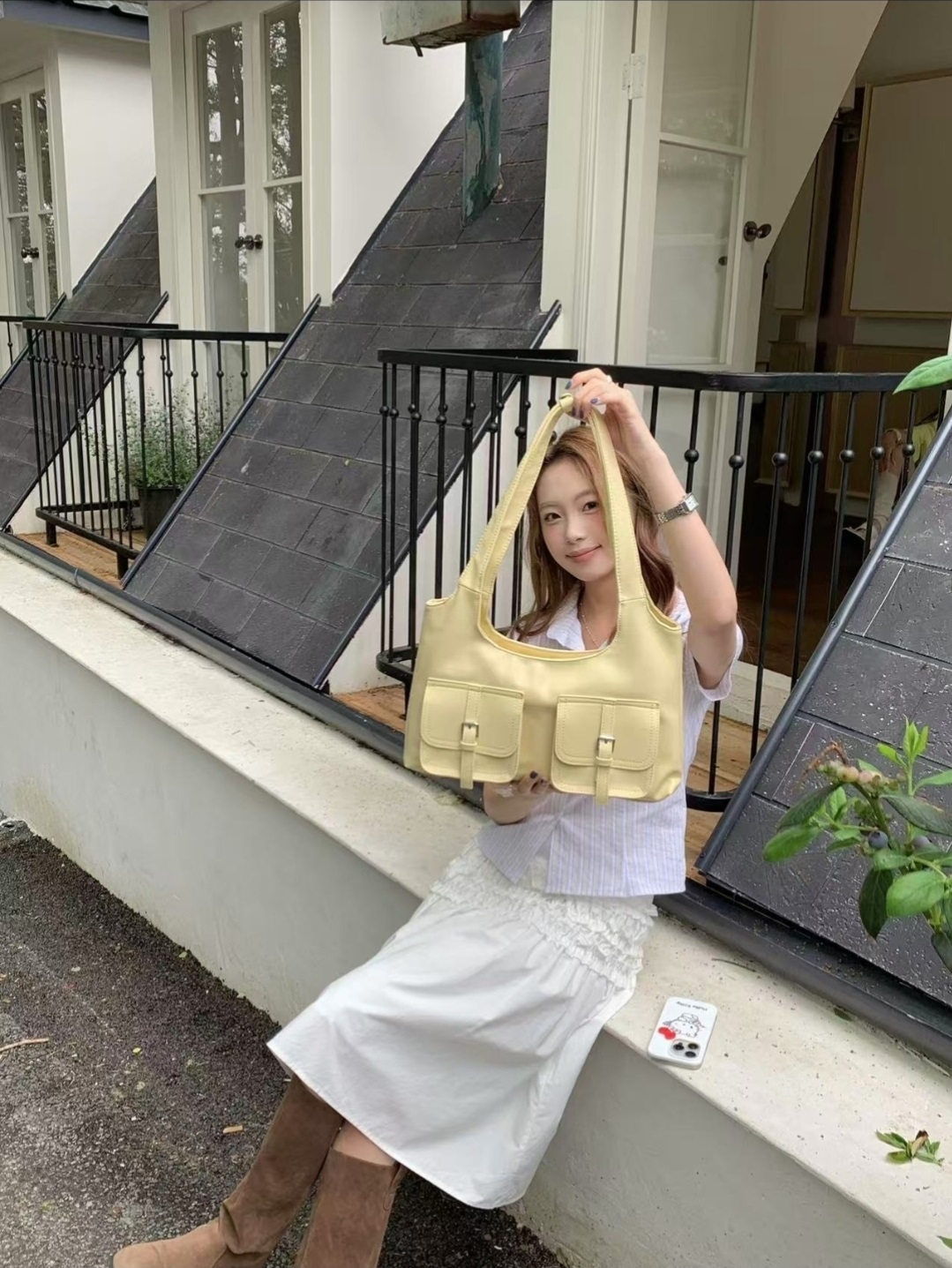 レザー調ジップアップポケットグロス無地トートバッグ | 詳細画像4