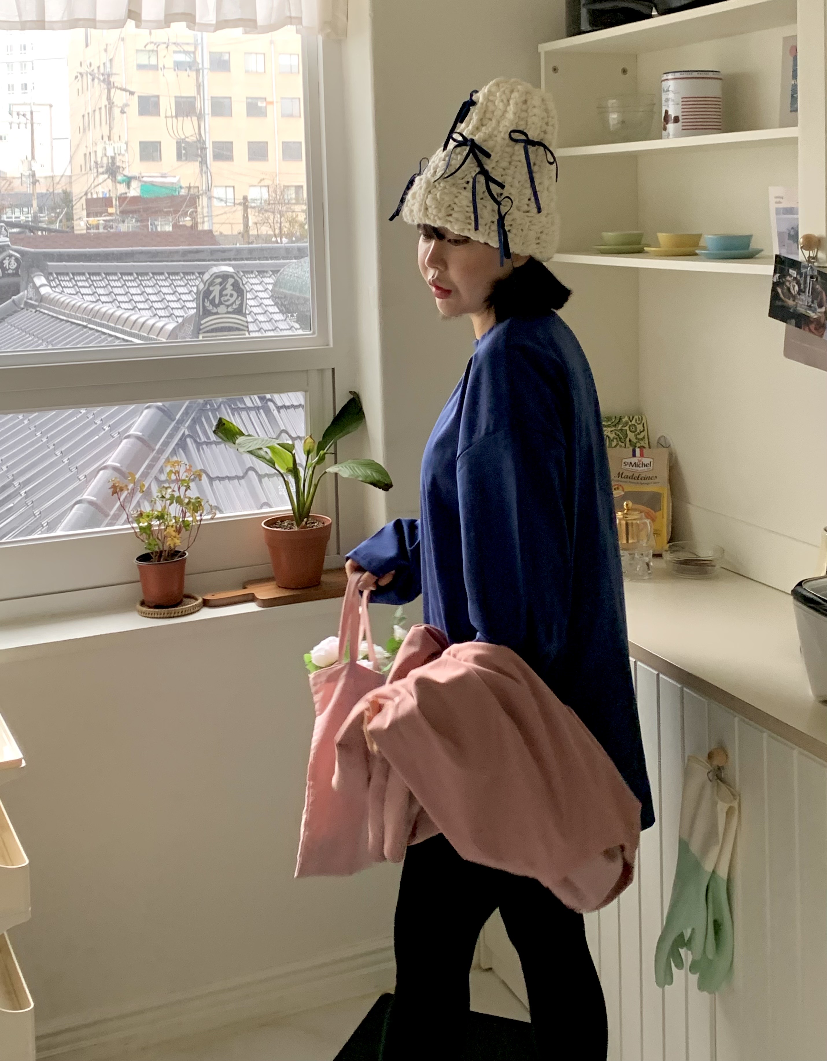 コットンラウンドネックボクシー長袖ハーフ無地Tシャツ | 詳細画像2