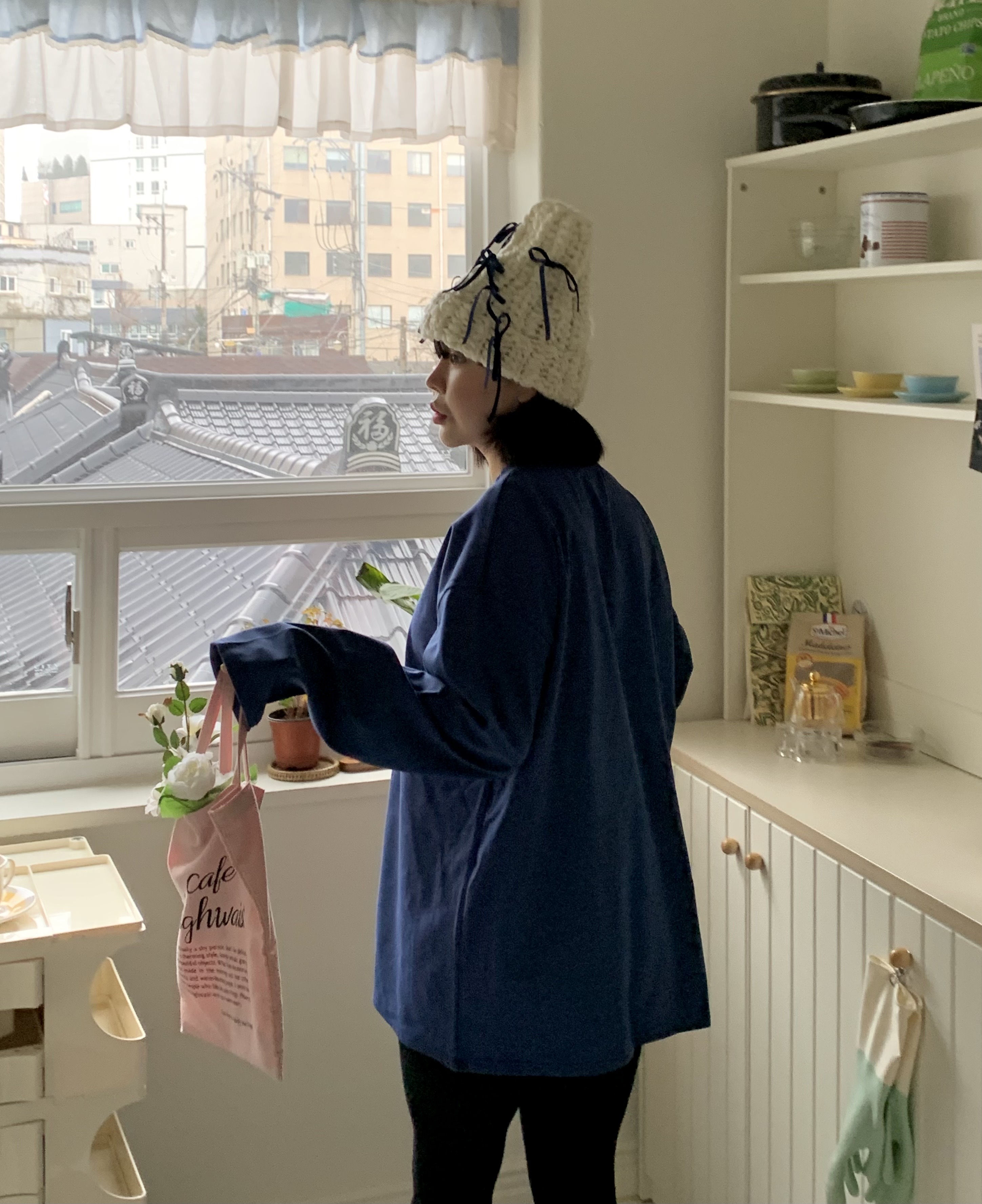 コットンラウンドネックボクシー長袖ハーフ無地Tシャツ | 詳細画像3