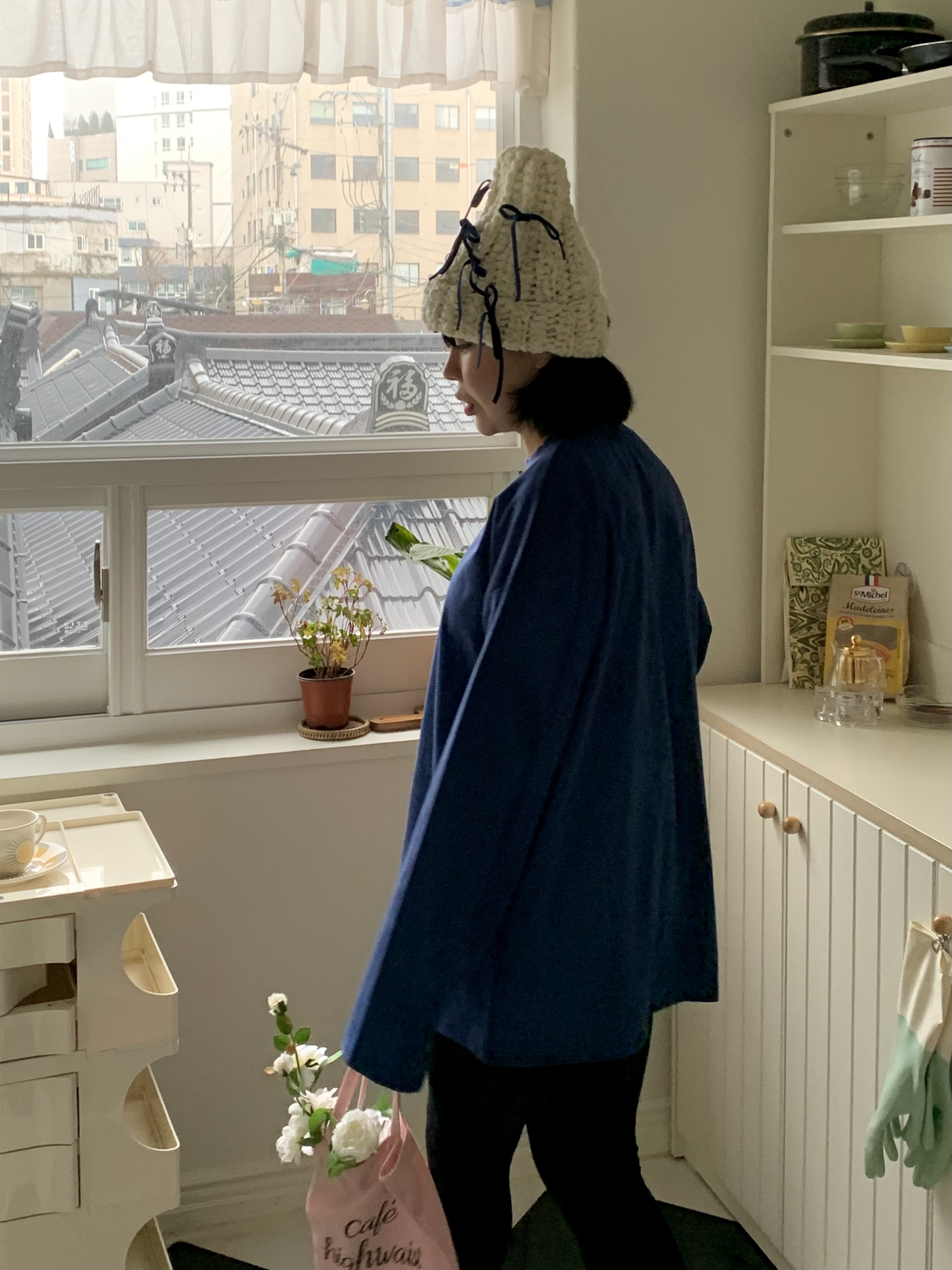 コットンラウンドネックボクシー長袖ハーフ無地Tシャツ | 詳細画像4