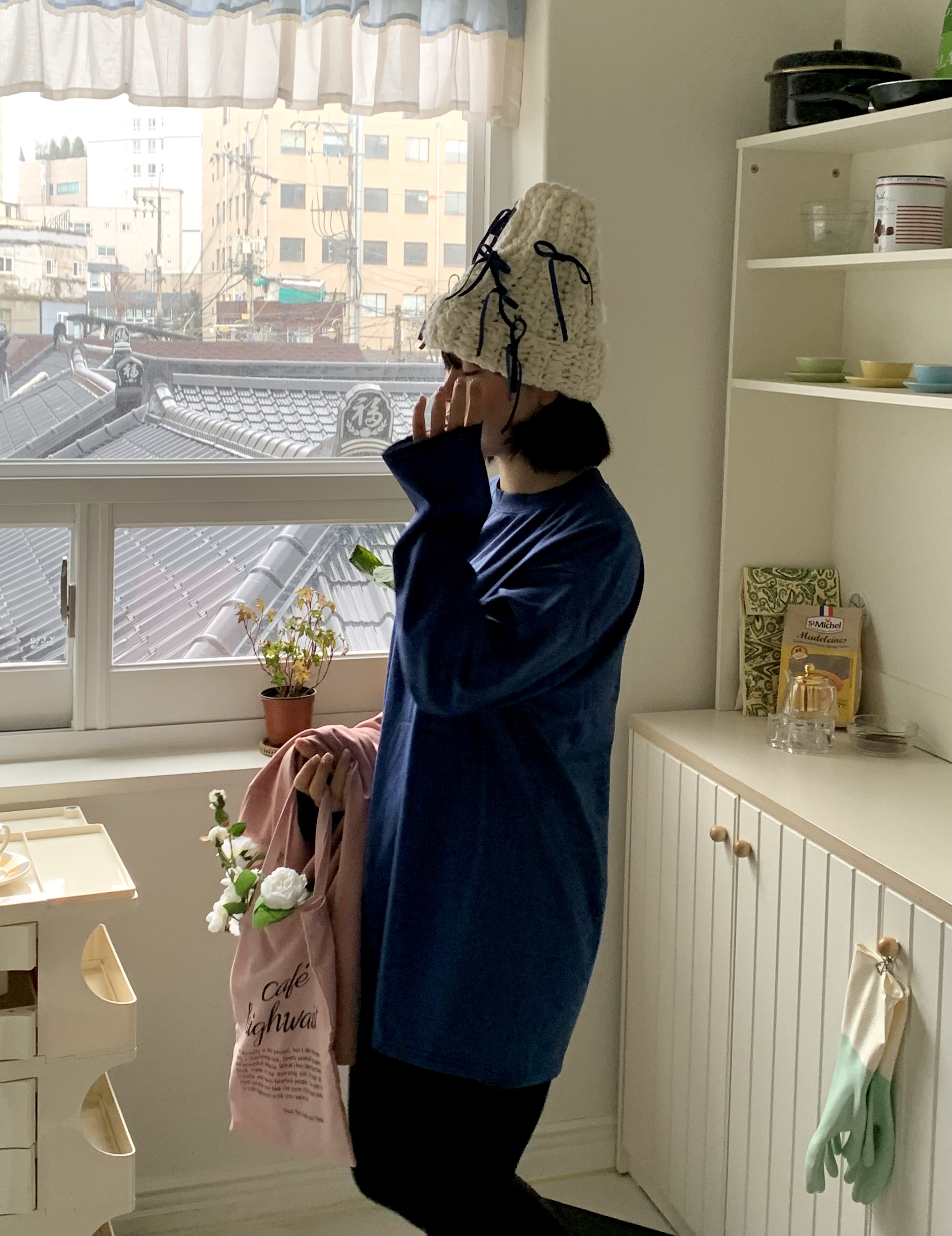 コットンラウンドネックボクシー長袖ハーフ無地Tシャツ | 詳細画像5