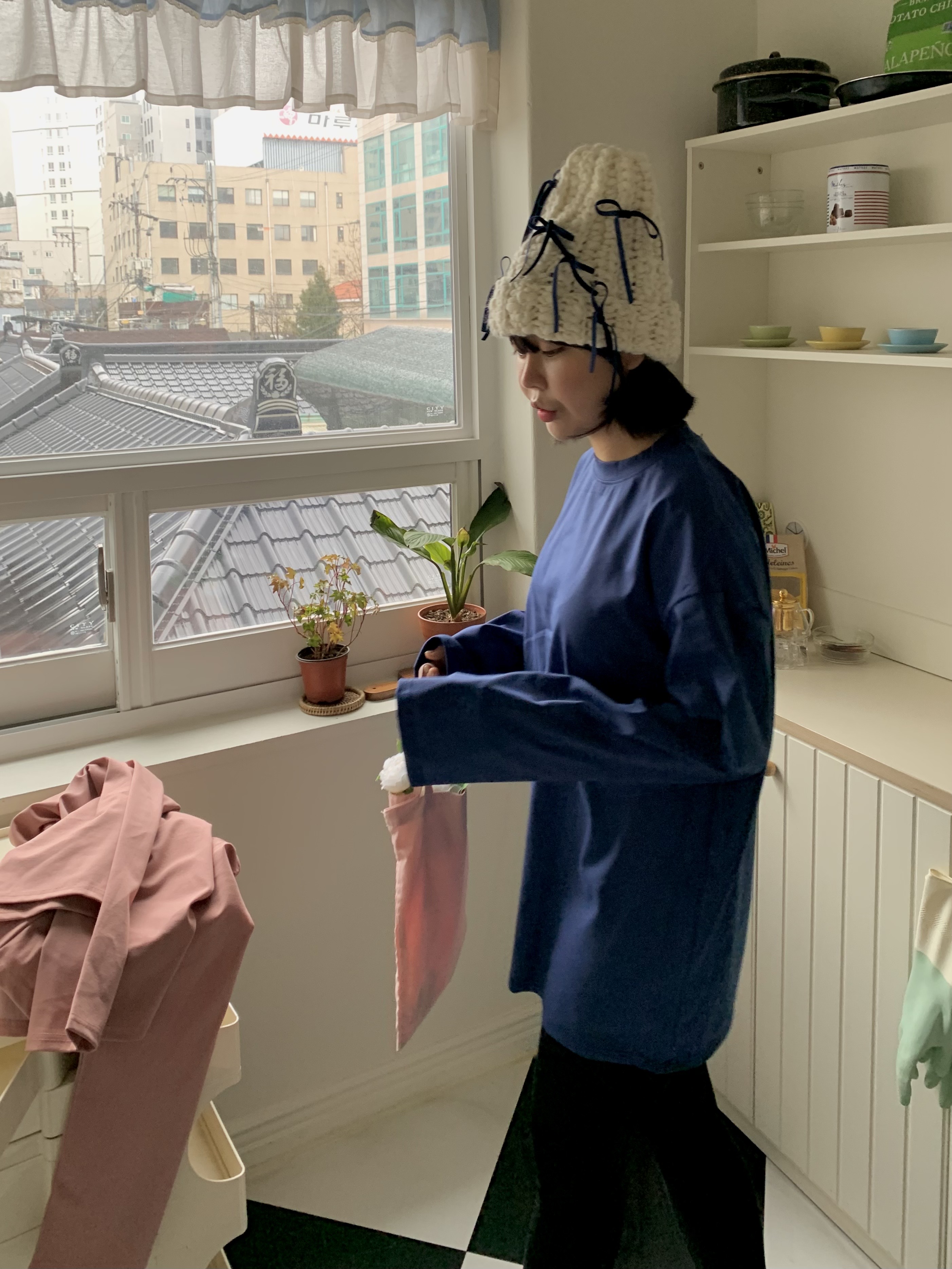 コットンラウンドネックボクシー長袖ハーフ無地Tシャツ | 詳細画像6