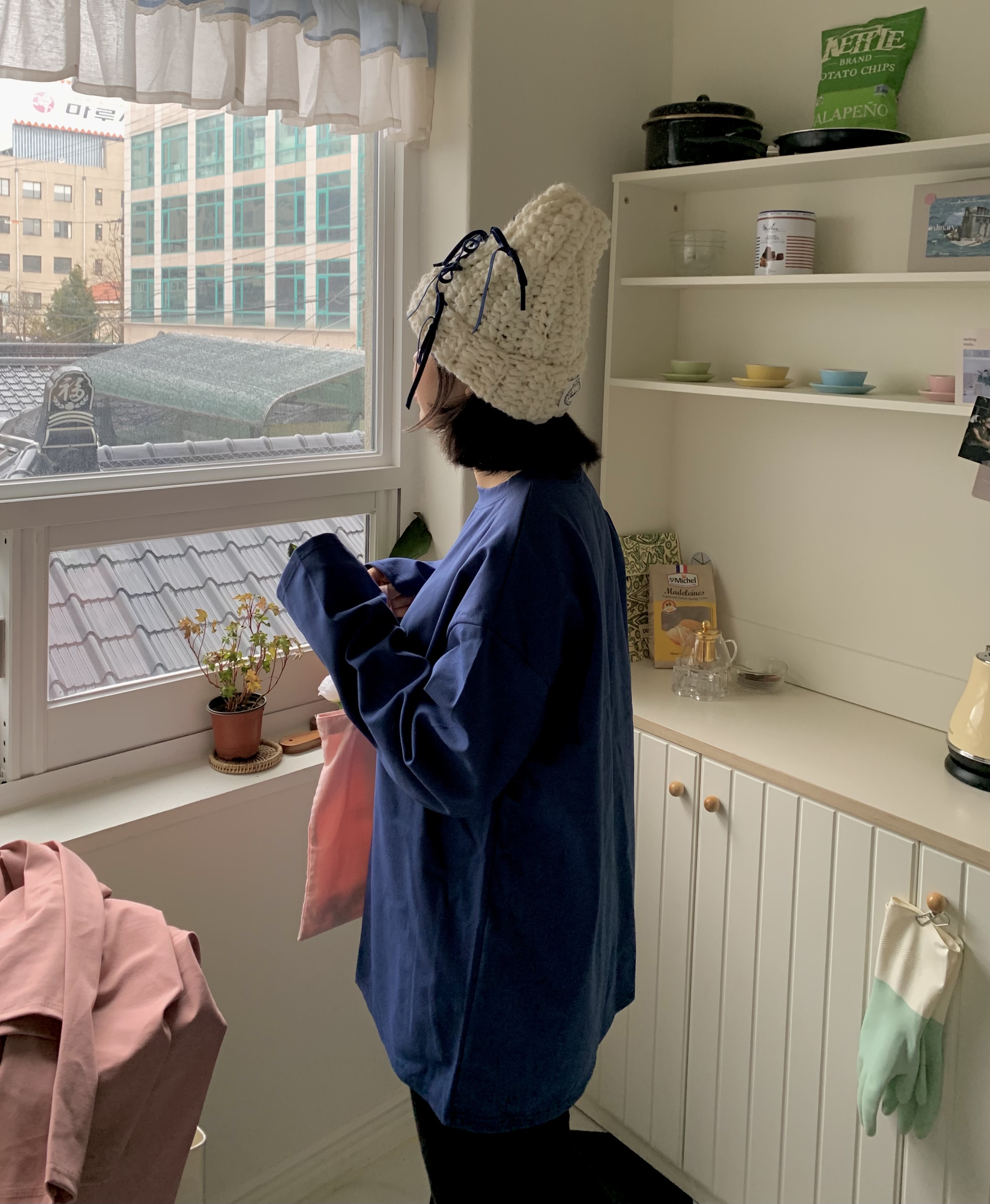 コットンラウンドネックボクシー長袖ハーフ無地Tシャツ | 詳細画像7