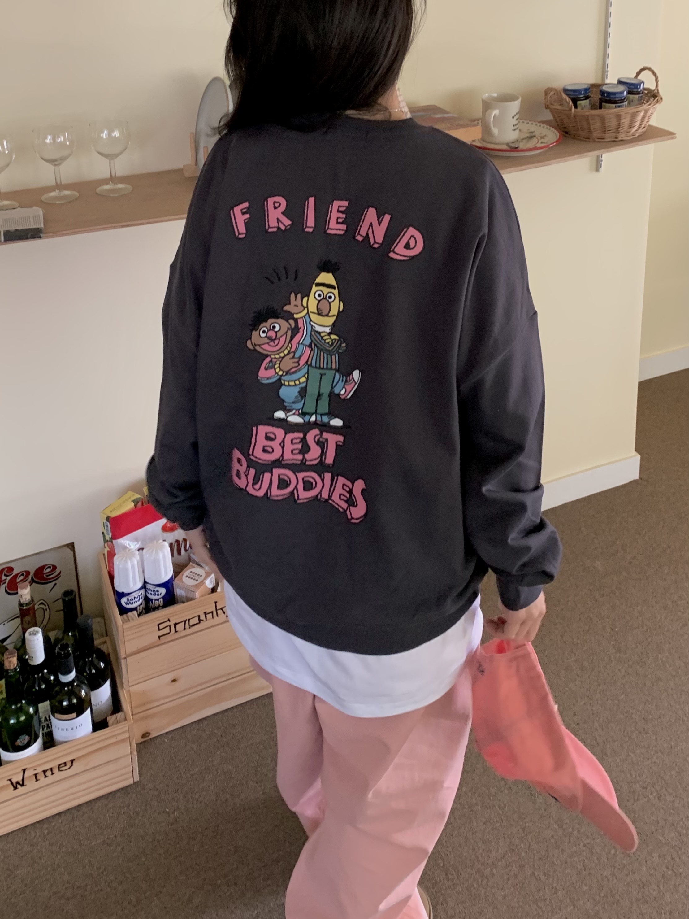 リボンラウンドネックオーバーサイズボクシー長袖ハーフ両面プリントスウェット | 詳細画像4