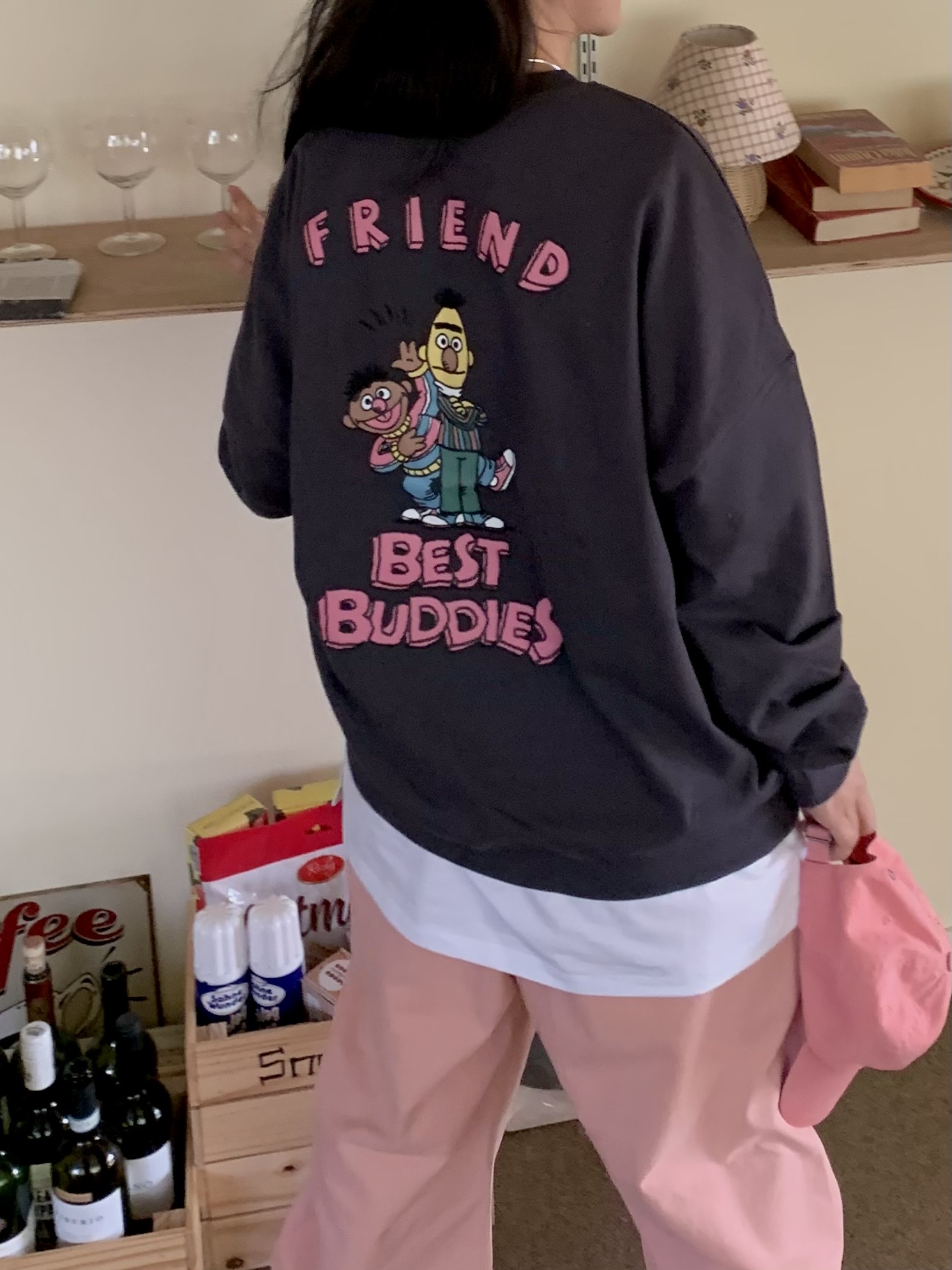 リボンラウンドネックオーバーサイズボクシー長袖ハーフ両面プリントスウェット | 詳細画像5