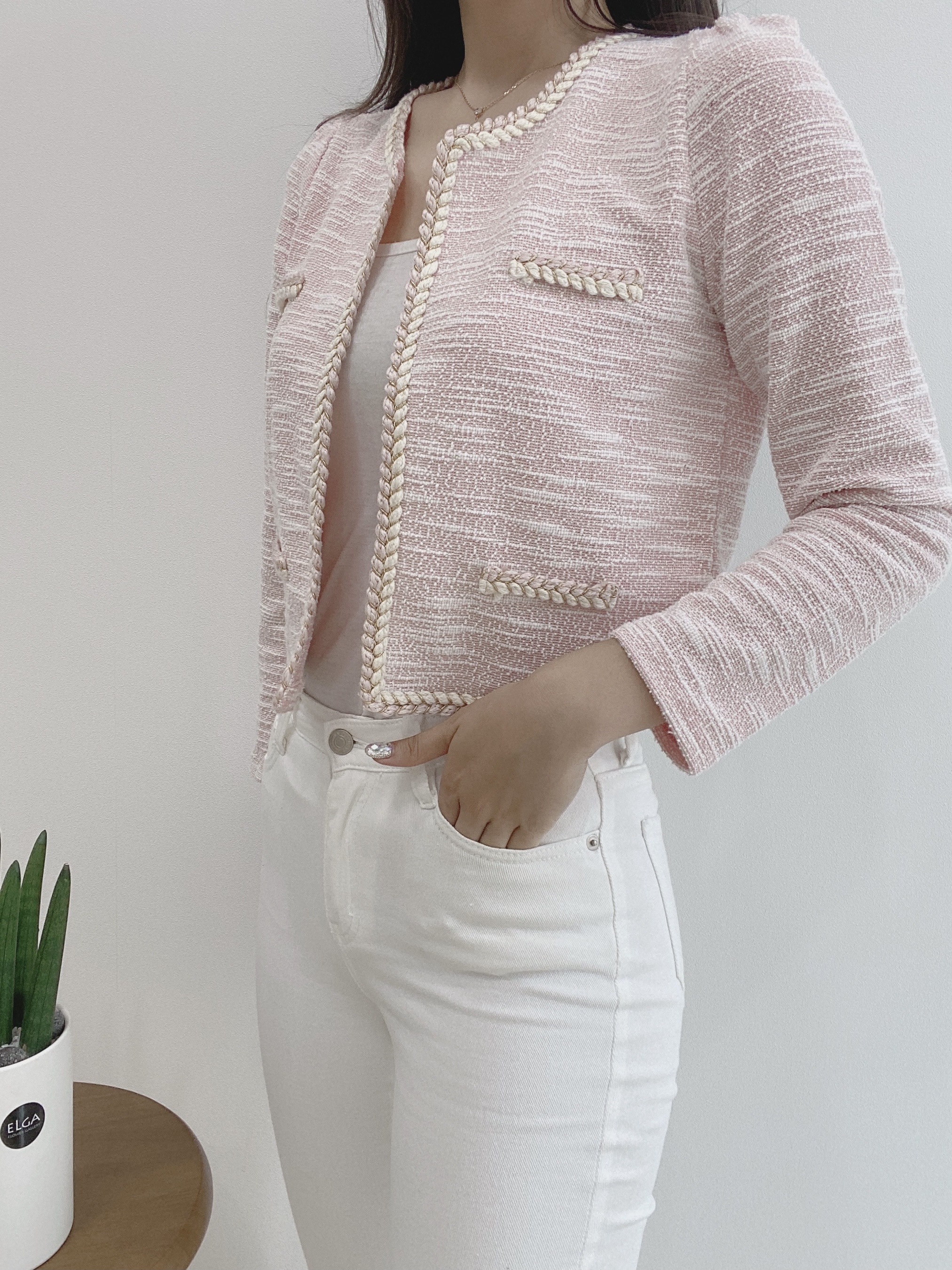 ラウンドネックパフスリーブクロップド長袖フェイクポケット配色ラインカーディガン | 詳細画像2