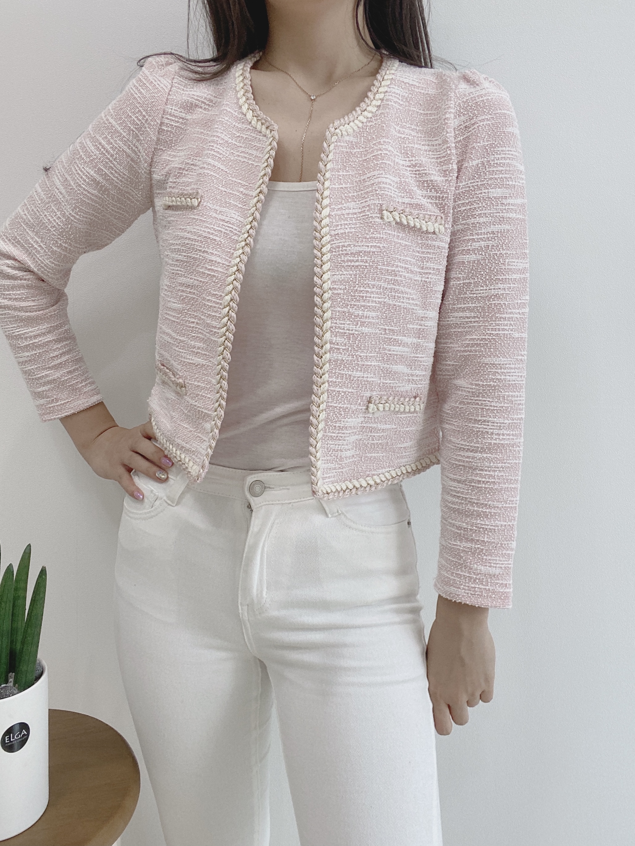 ラウンドネックパフスリーブクロップド長袖フェイクポケット配色ラインカーディガン | 詳細画像3