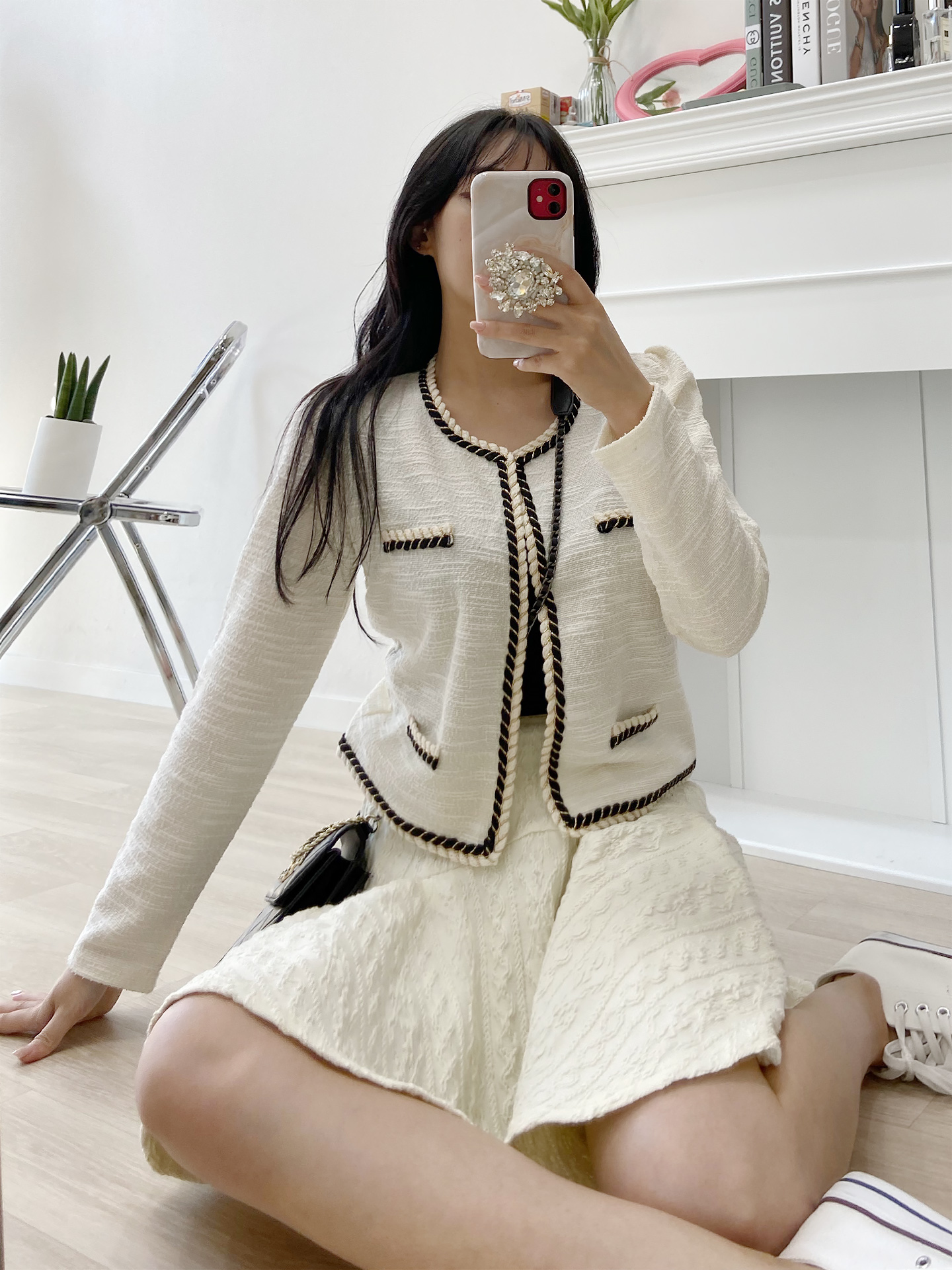 ラウンドネックパフスリーブクロップド長袖フェイクポケット配色ラインカーディガン | 詳細画像10