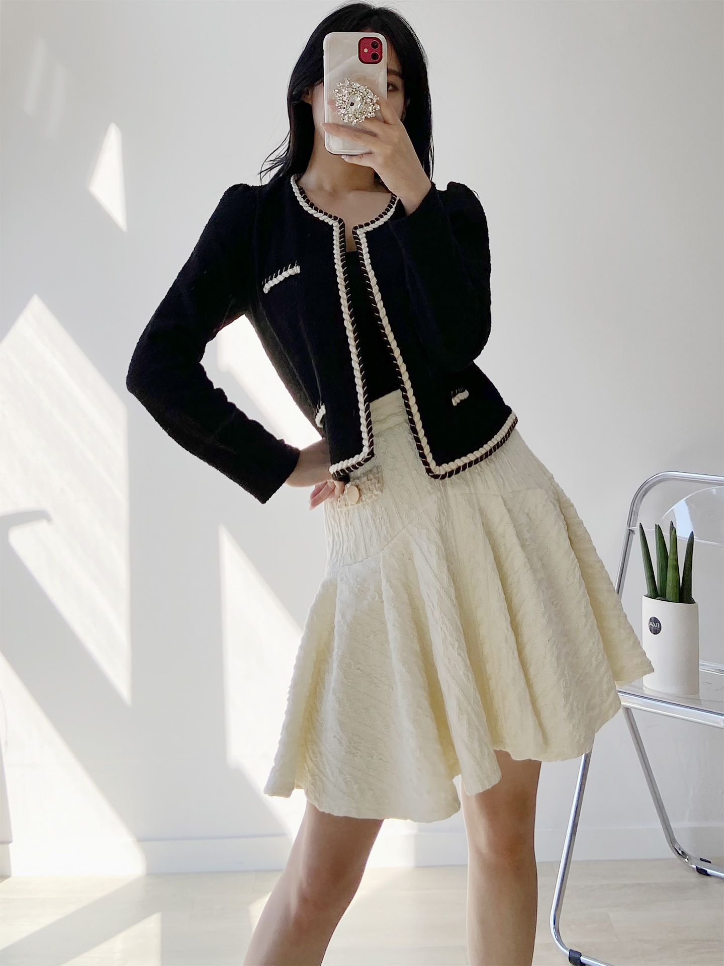 ラウンドネックパフスリーブクロップド長袖フェイクポケット配色ラインカーディガン | 詳細画像5