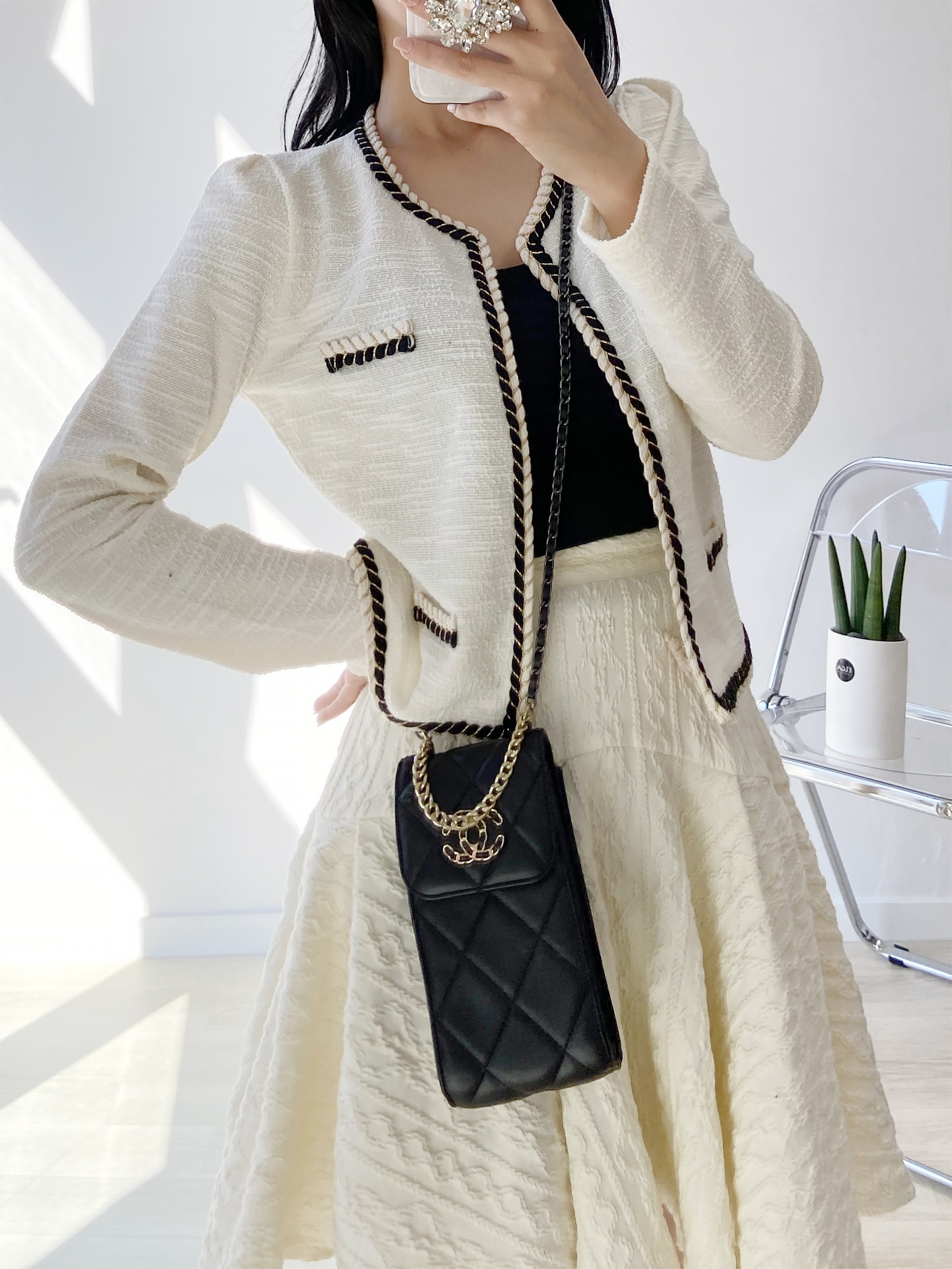 ラウンドネックパフスリーブクロップド長袖フェイクポケット配色ラインカーディガン | 詳細画像8