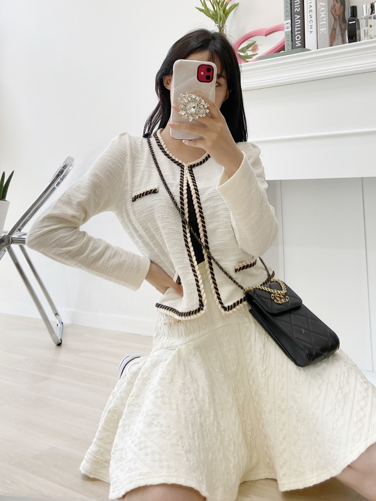 ラウンドネックパフスリーブクロップド長袖フェイクポケット配色ラインカーディガン | 詳細画像9