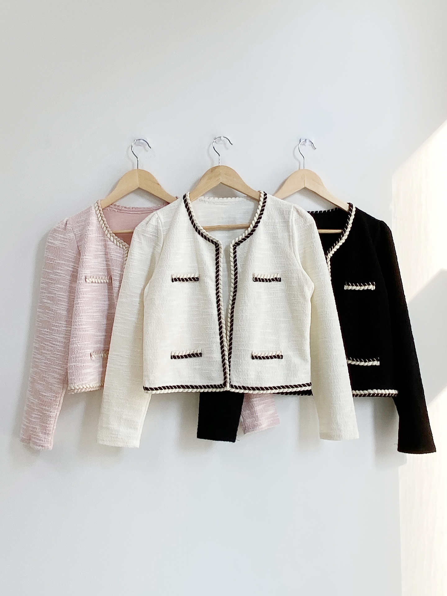 ラウンドネックパフスリーブクロップド長袖フェイクポケット配色ラインカーディガン | 詳細画像11