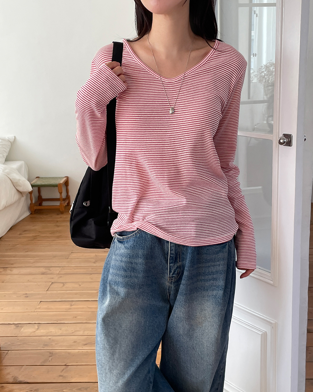 ベーシックルーズ長袖ボーダー配色Tシャツ | 詳細画像4