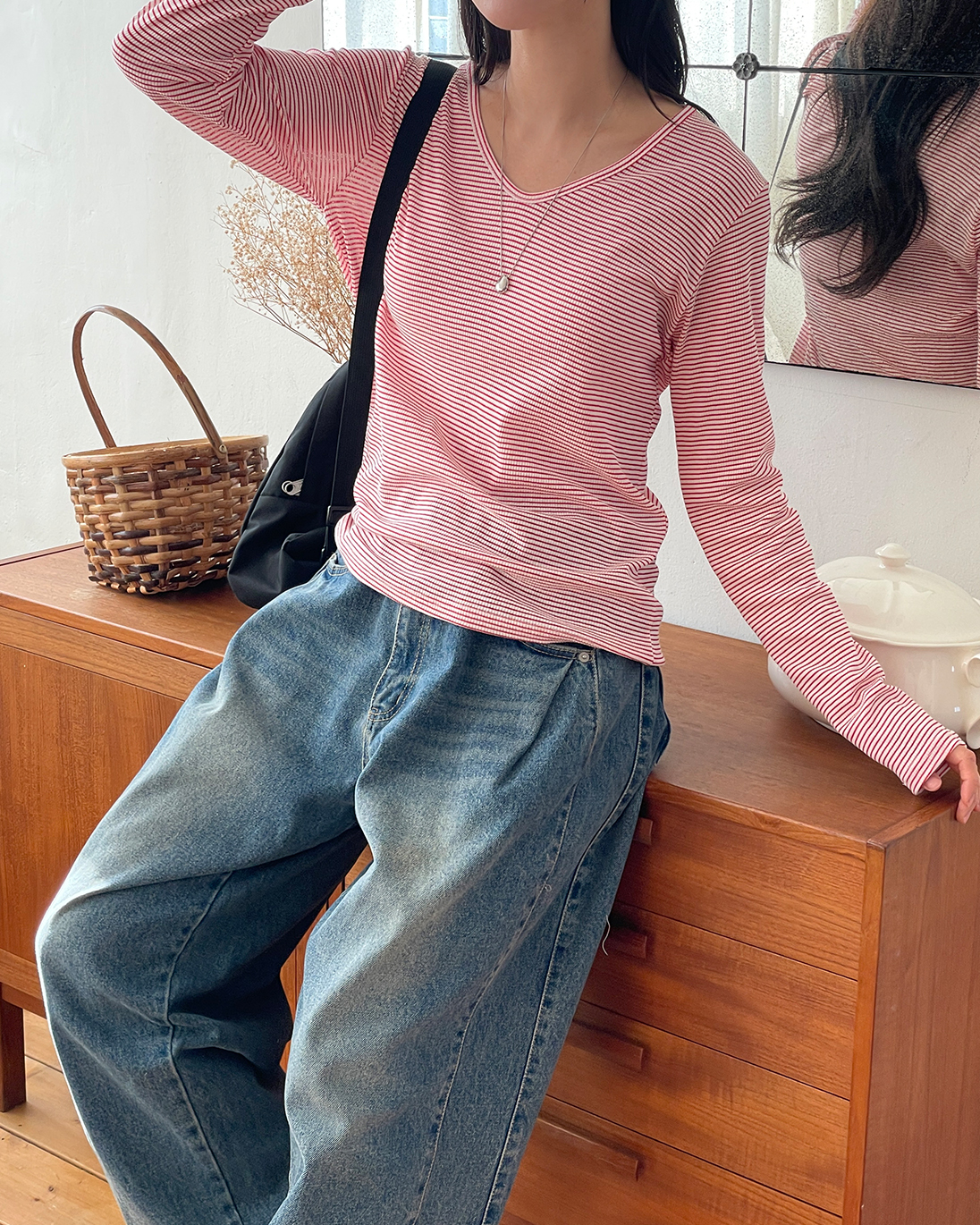 ベーシックルーズ長袖ボーダー配色Tシャツ | 詳細画像12