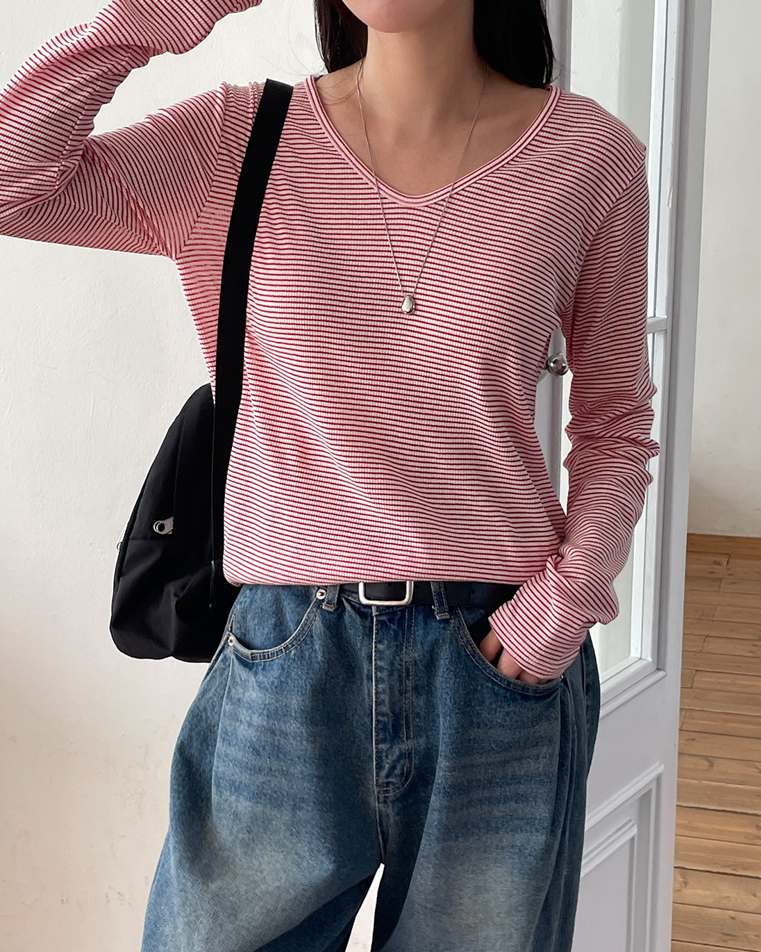 ベーシックルーズ長袖ボーダー配色Tシャツ | 詳細画像15