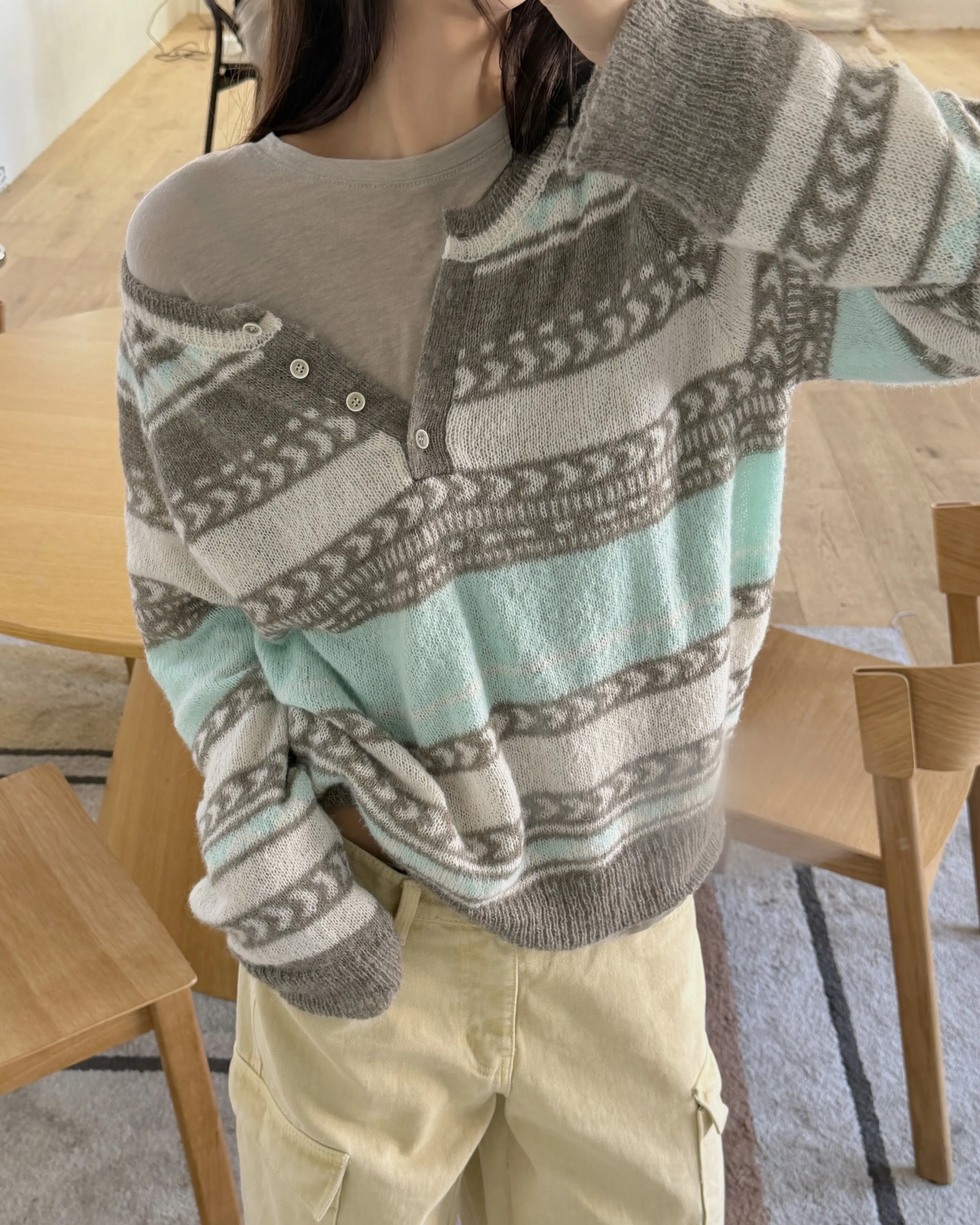 ヘンリーネックラグランエスニックニット | 詳細画像1