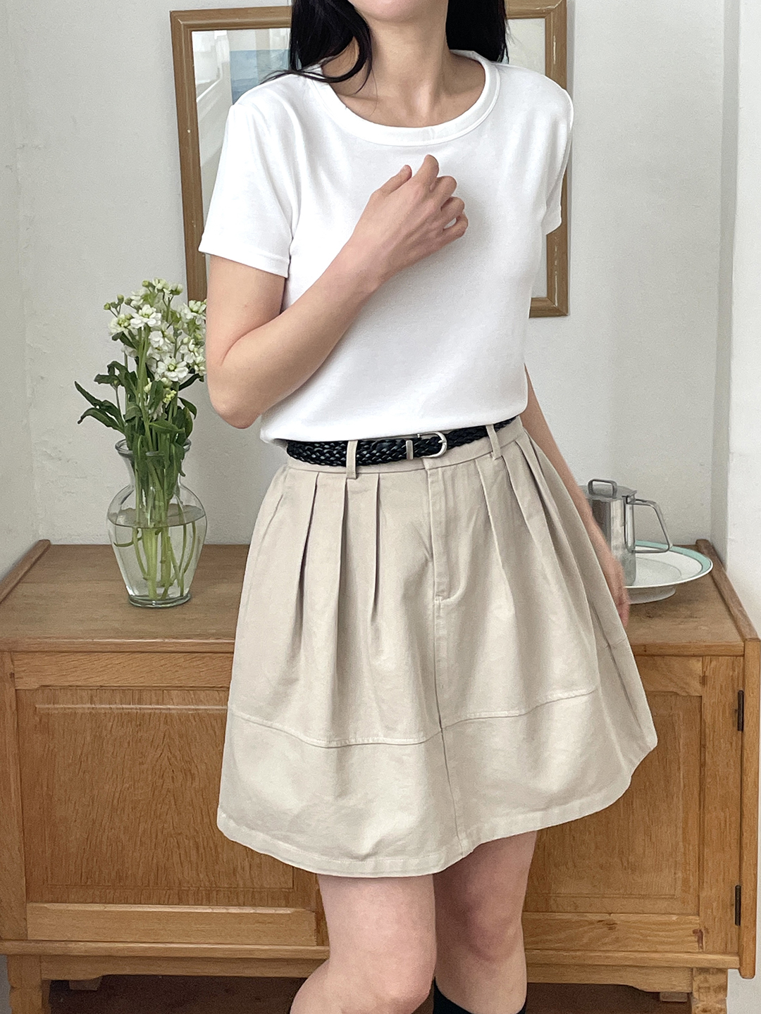 ラウンドネックシンプルベーシック半袖セミクロップド無地Tシャツ | 詳細画像13