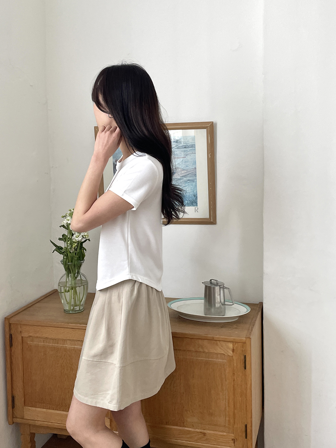 ラウンドネックシンプルベーシック半袖セミクロップド無地Tシャツ | 詳細画像4