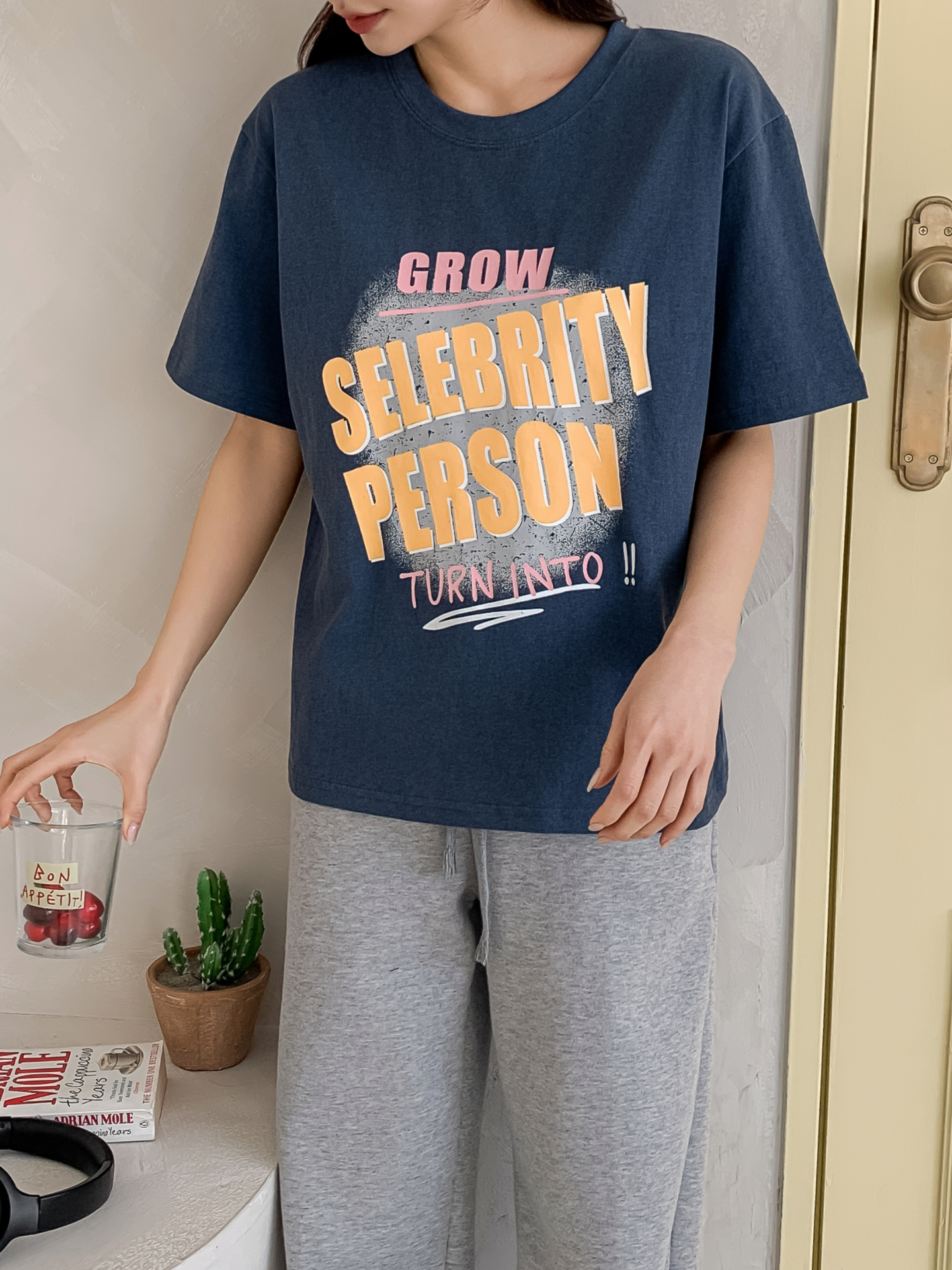 コットンラウンドネックルーズ半袖プリントカラーTシャツ | 詳細画像7