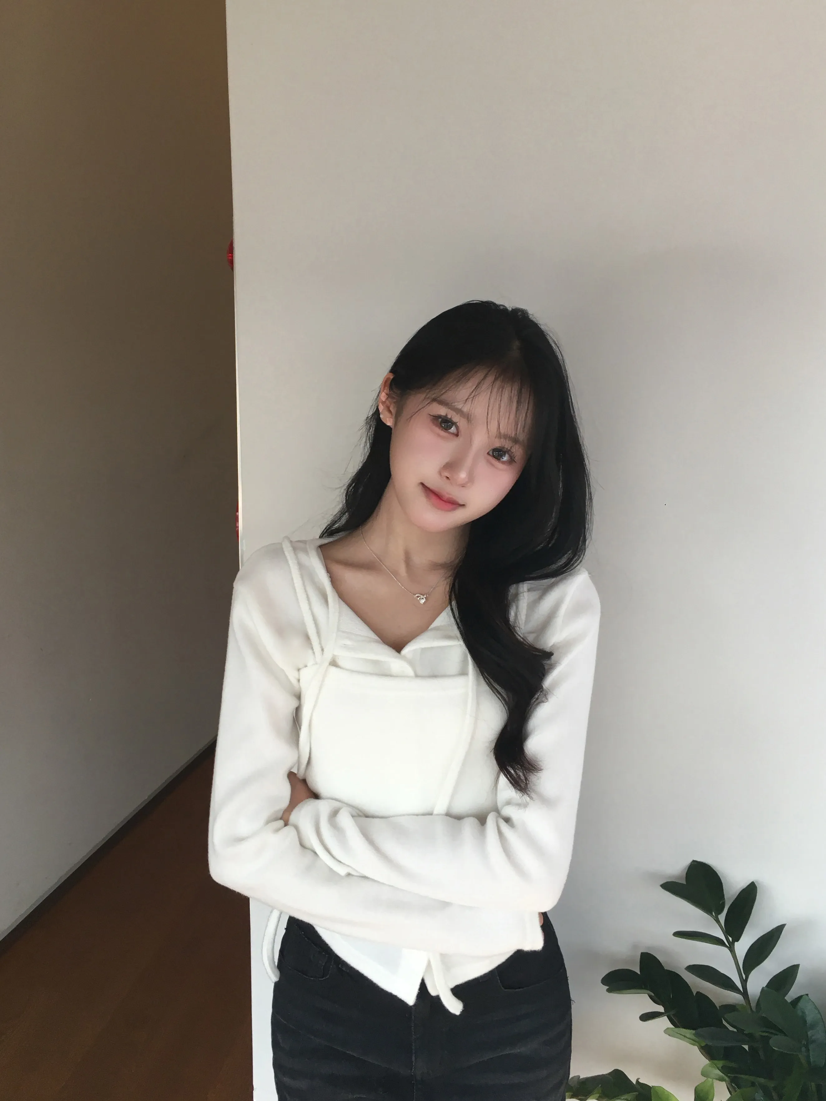 レイヤード長袖ボタンストラップ無地アンサンブルキャミソールカーディガン | JBLIN | 詳細画像1