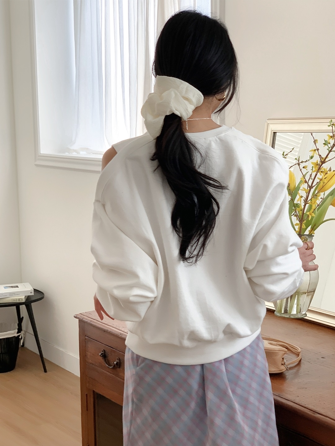 コットンラウンドネックオフショルダースリットルーズ無地スウェット | 詳細画像6